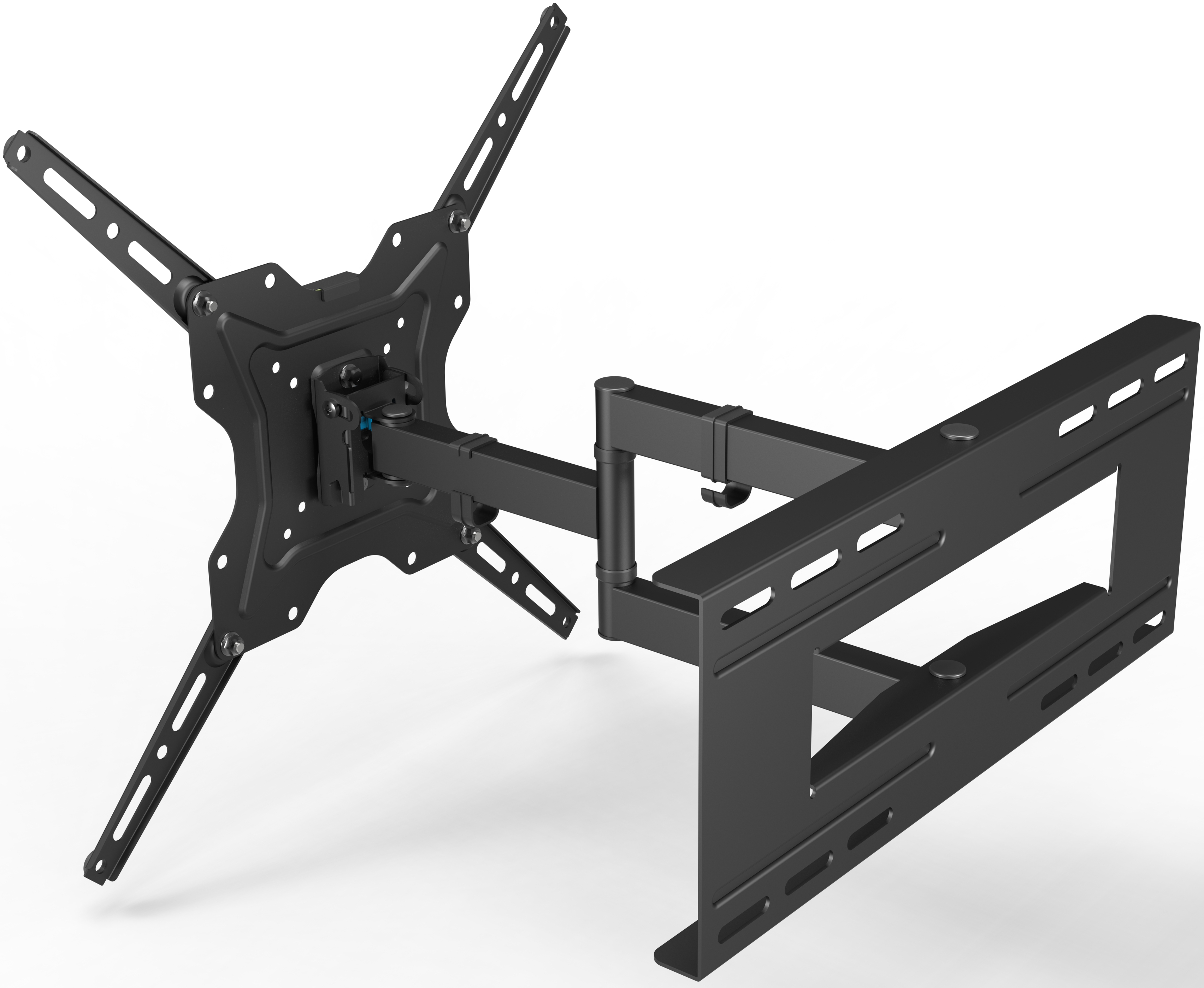 Un support mural de télévision noir, avec plusieurs bras et supports métalliques, sur une surface blanche.
