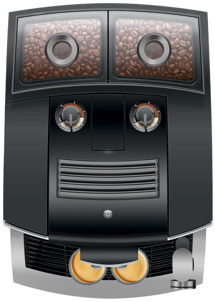 Schwarze Kaffeemaschine mit Kaffeebohnen oben. Zifferblätter, Lüftungsschlitze und Auslässe sind sichtbar. Silber- und Beigetöne vorhanden.