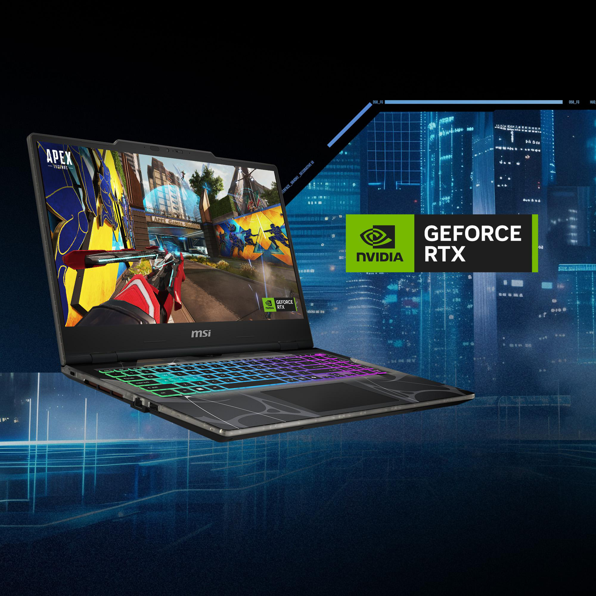 Laptop mit Spielszene. NVIDIA- und GeForce RTX-Logos sichtbar. Hintergrund zeigt Skyline.