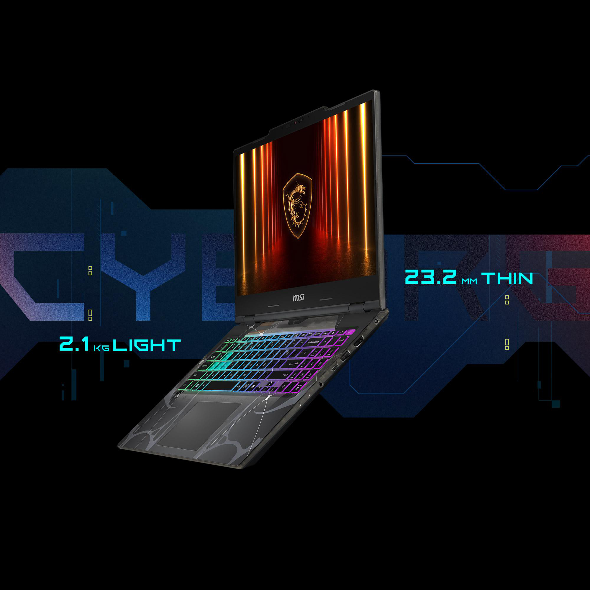 MSI-Laptop mit farbiger Tastaturbeleuchtung. Der Bildschirm zeigt ein Drachenlogo. Der Text sagt 23,2 mm dünn und 2,1 kg leicht.