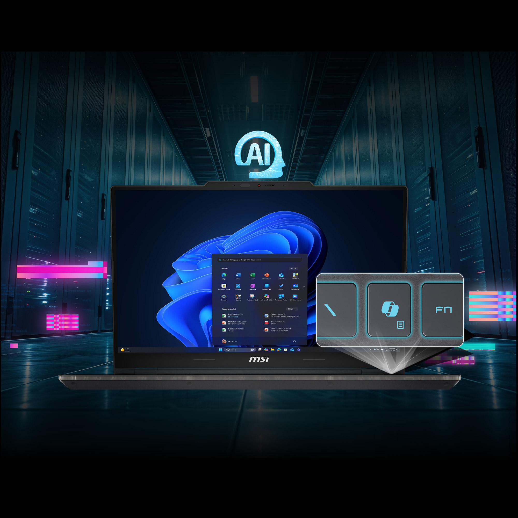 Laptop mit AI-Logo, Windows 11-Oberfläche und Tastaturtasten. Hintergrund ist ein Serverraum mit Neonlichtern.