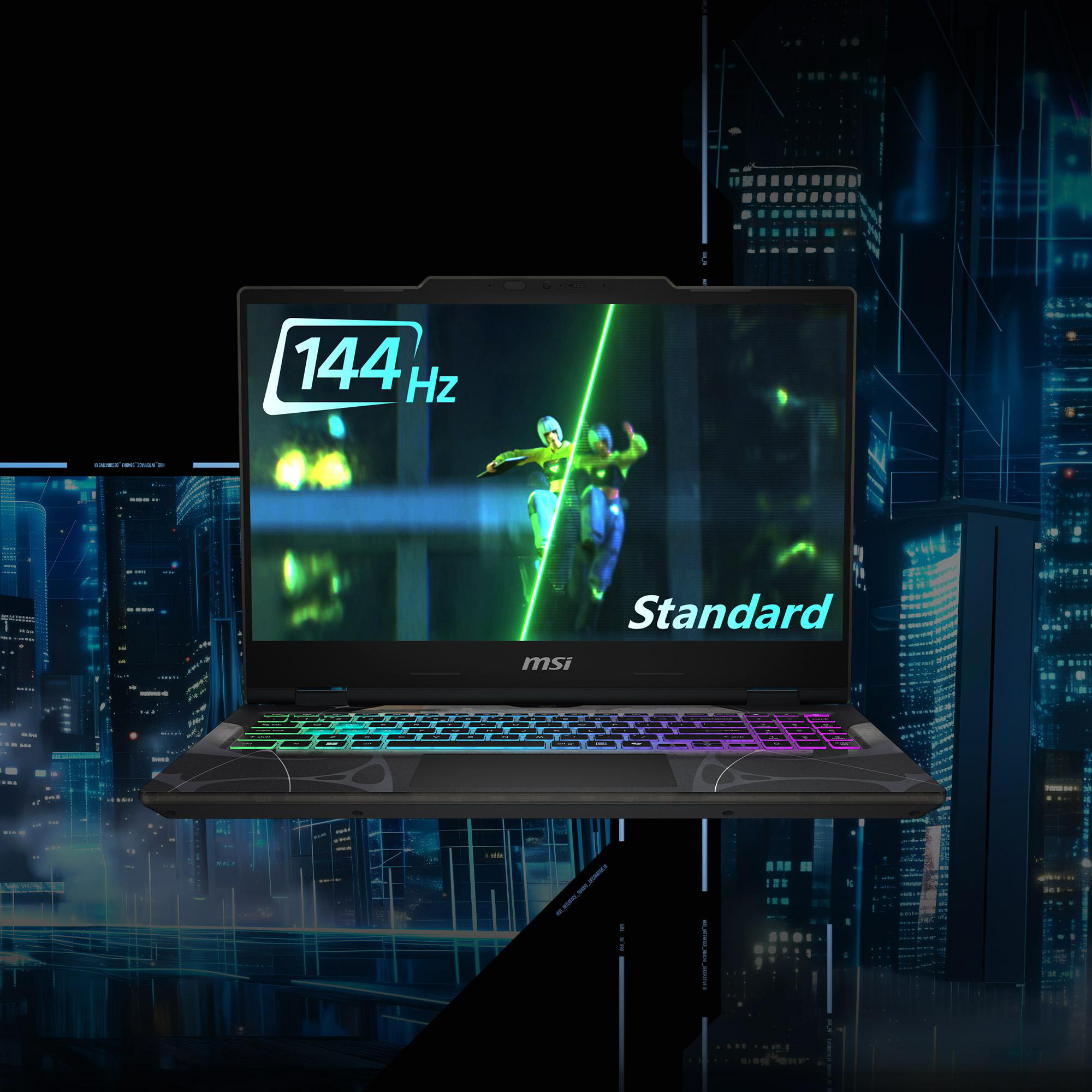 Ein Gaming-Laptop mit beleuchteter Tastatur. Der Bildschirm zeigt eine Figur in Aktion mit einer 144Hz-Markierung. Der Hintergrund ist eine Stadt.