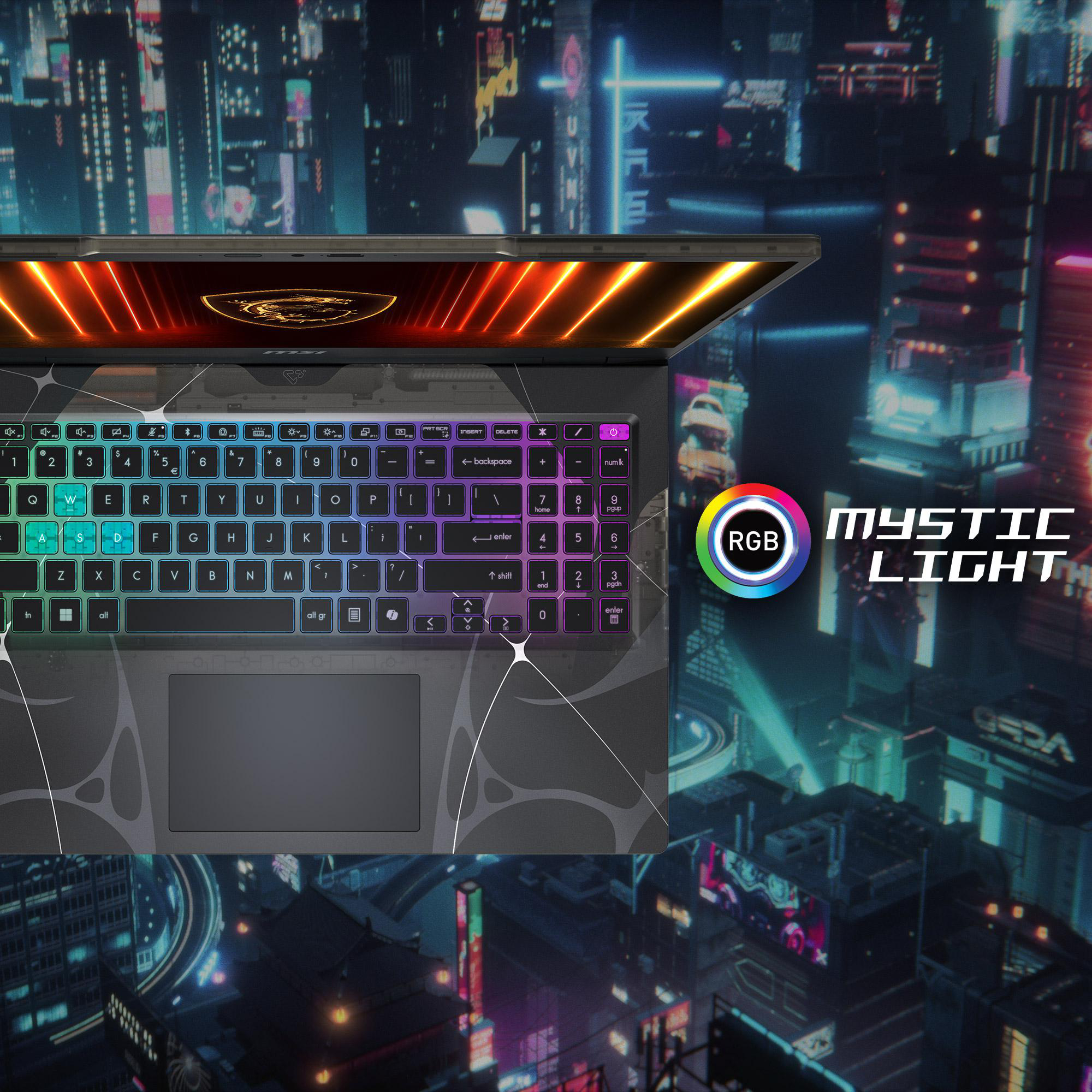 Laptop-Tastatur mit RGB-Beleuchtung. Stadtkulisse. Mystic Light und RGB Logo. Offenes Display zeigt Logo und orangefarbenes Leuchten.