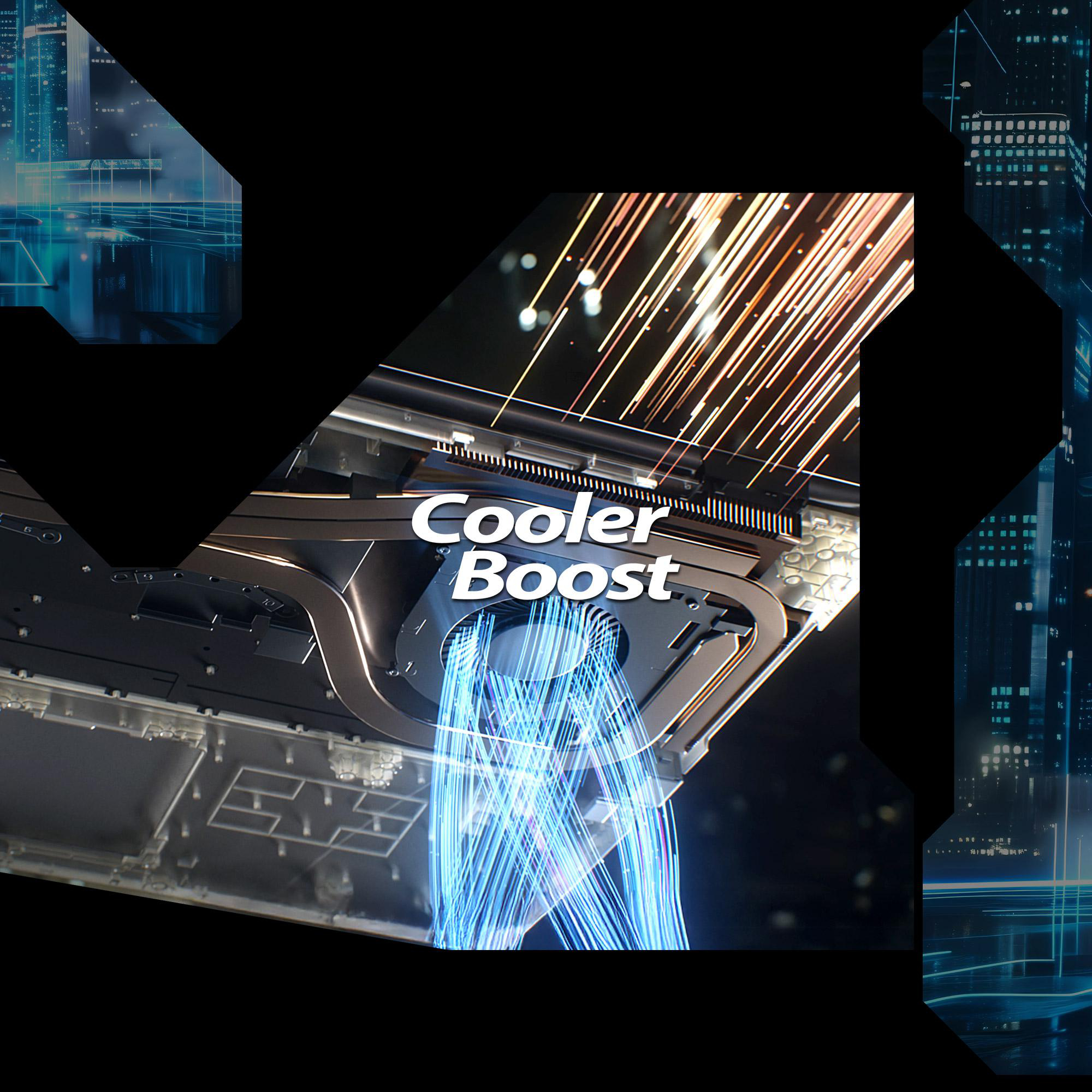 Nahaufnahme eines Laptop-Kühlsystems mit dem Text 'Cooler Boost'. Blaue und orangefarbene Lichtstreifen sind sichtbar.