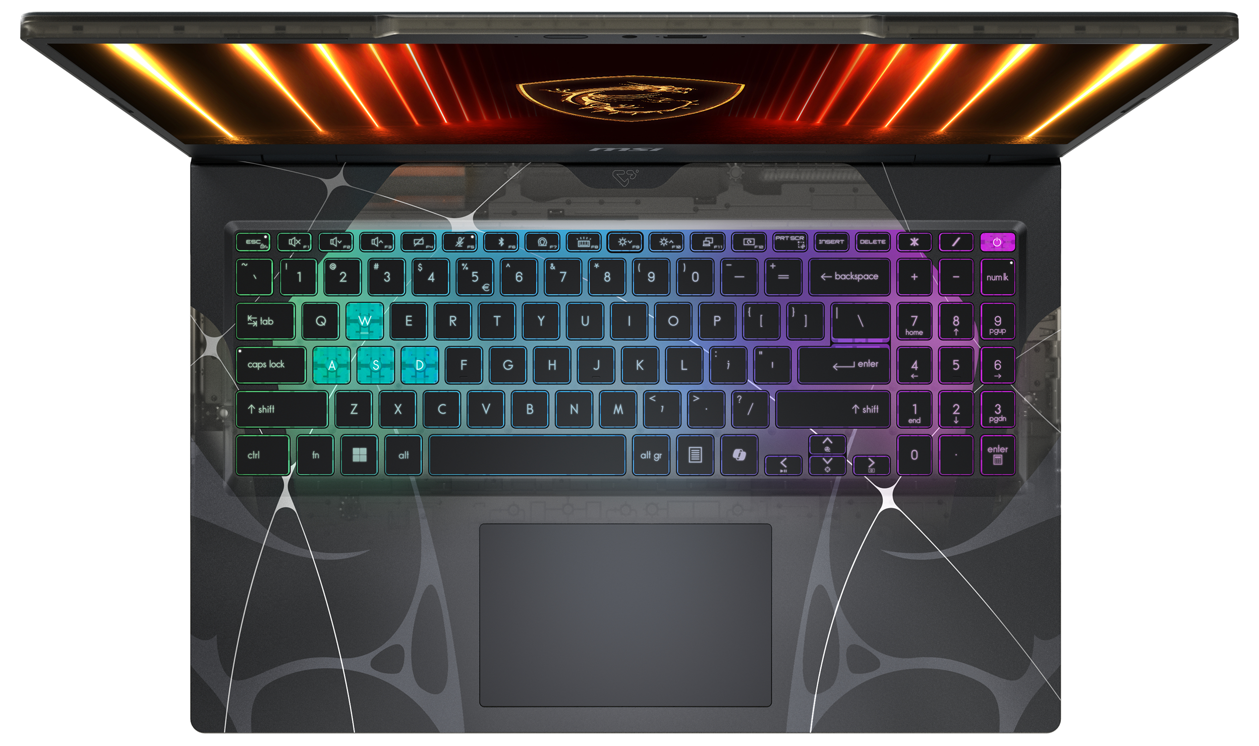 Laptop-Tastatur mit Regenbogen-Hintergrundbeleuchtung, Touchpad und Bildschirm mit orangen Lichtern und Logo.