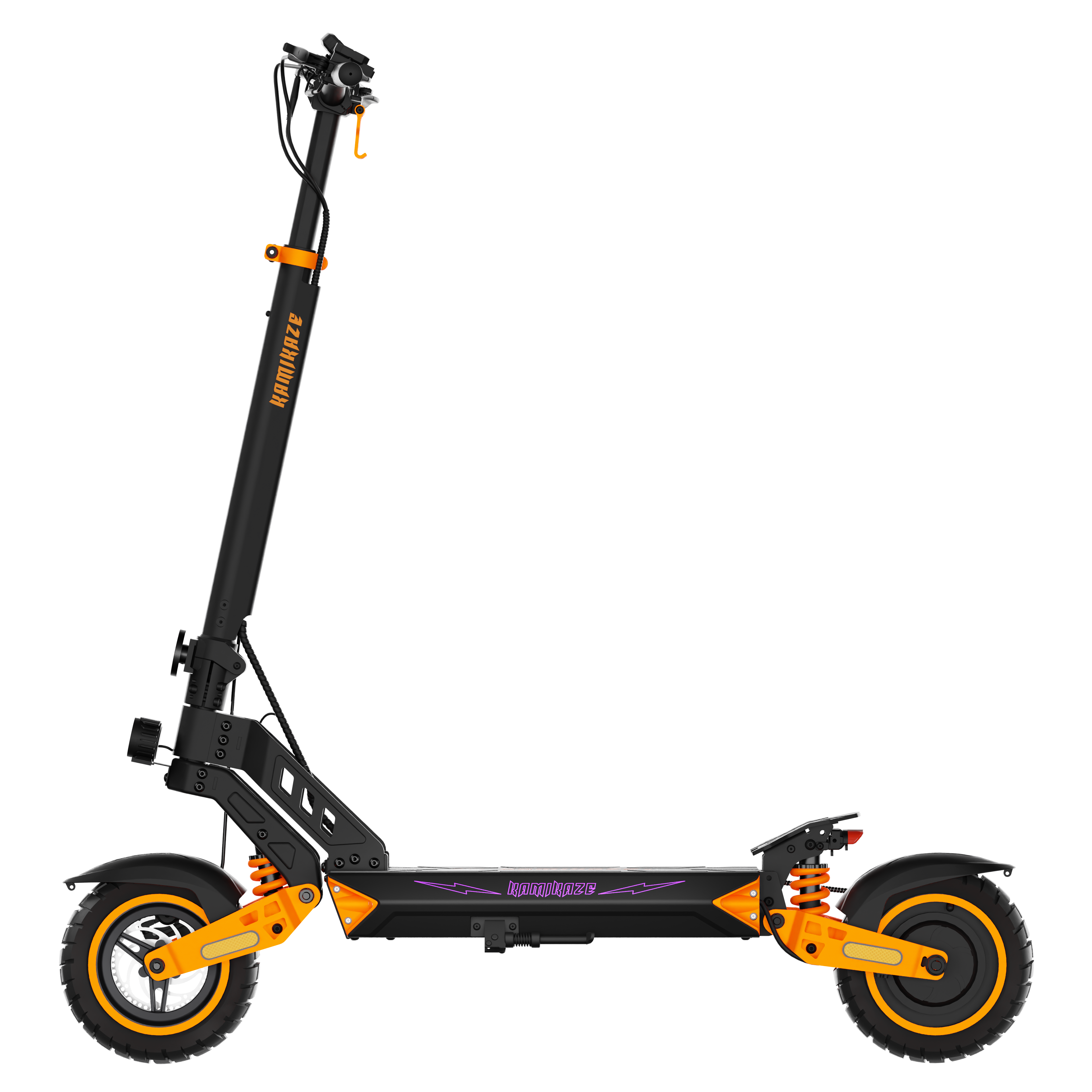 Czarna hulajnoga elektryczna z pomarańczowymi akcentami. Widoczne koła, zawieszenie, kierownica i nazwa marki.