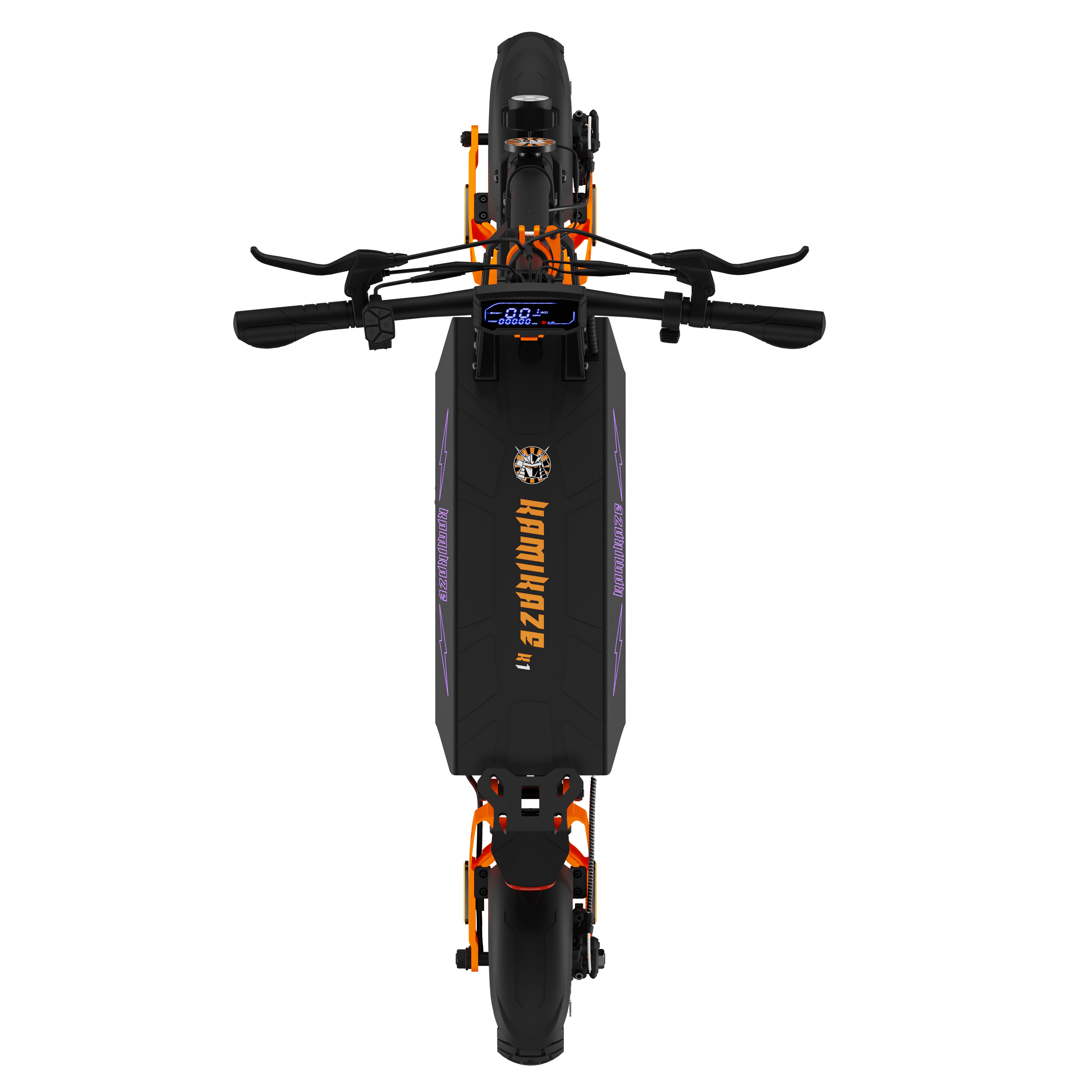 Widok z góry na czarno-pomarańczową hulajnogę elektryczną z napisem 'Kamikaze'.