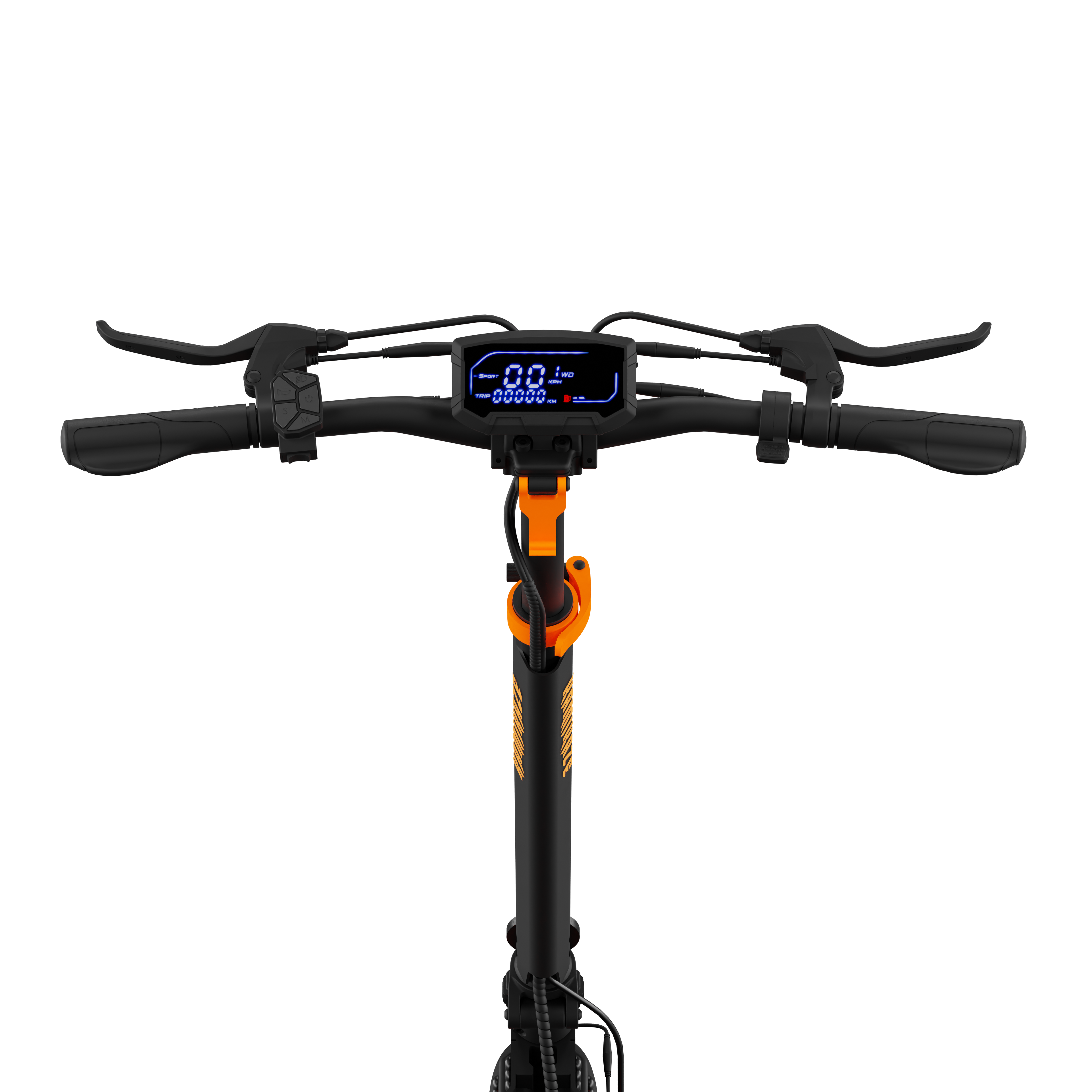 Kierownica hulajnogi elektrycznej. Czarna z pomarańczowymi akcentami. Wyświetlacz cyfrowy pokazuje prędkość. Widoczne dźwignie i elementy sterujące.