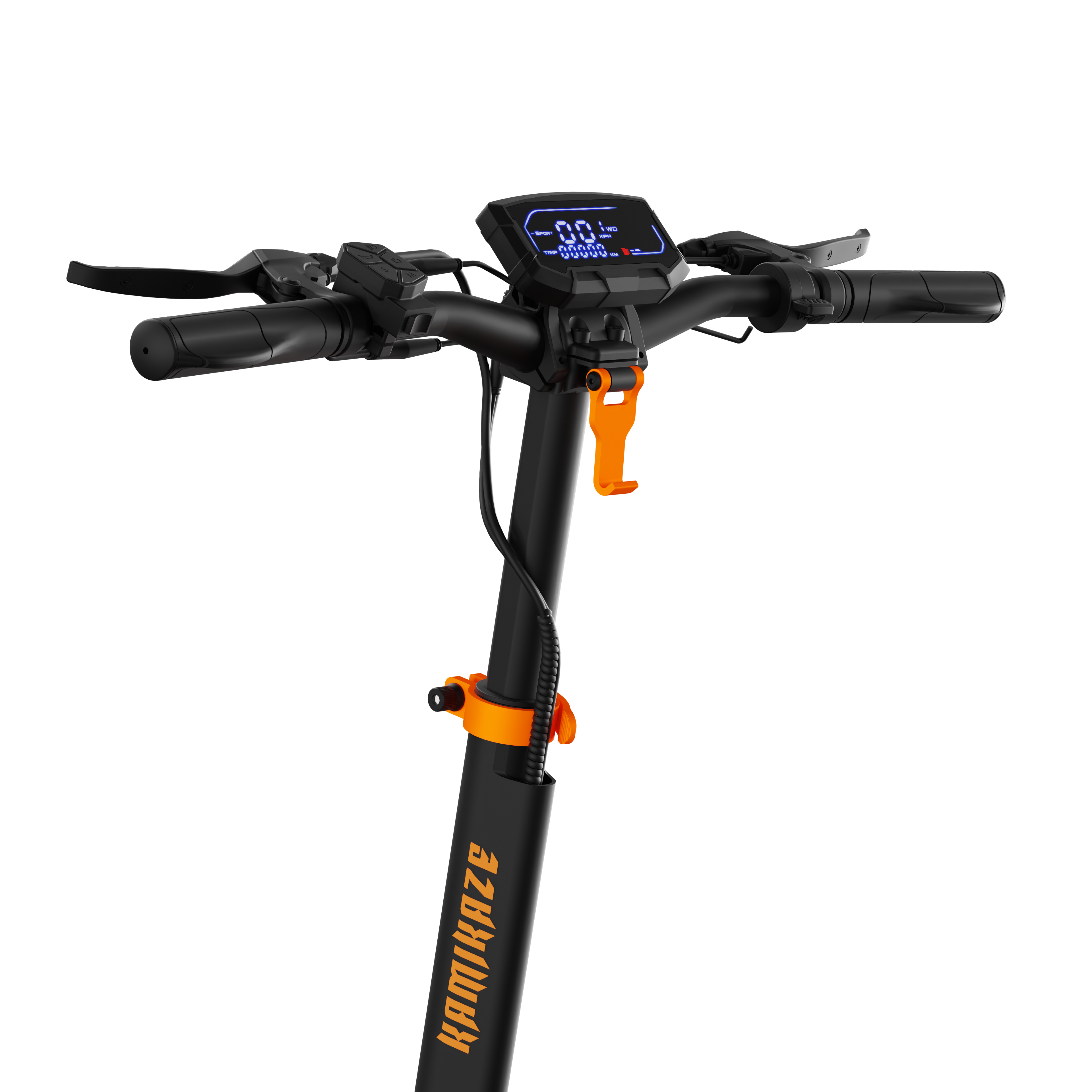 Zbliżenie kierownicy skutera. Ma cyfrowy wyświetlacz, czarne uchwyty i pomarańczowe akcenty na czarnym tle.