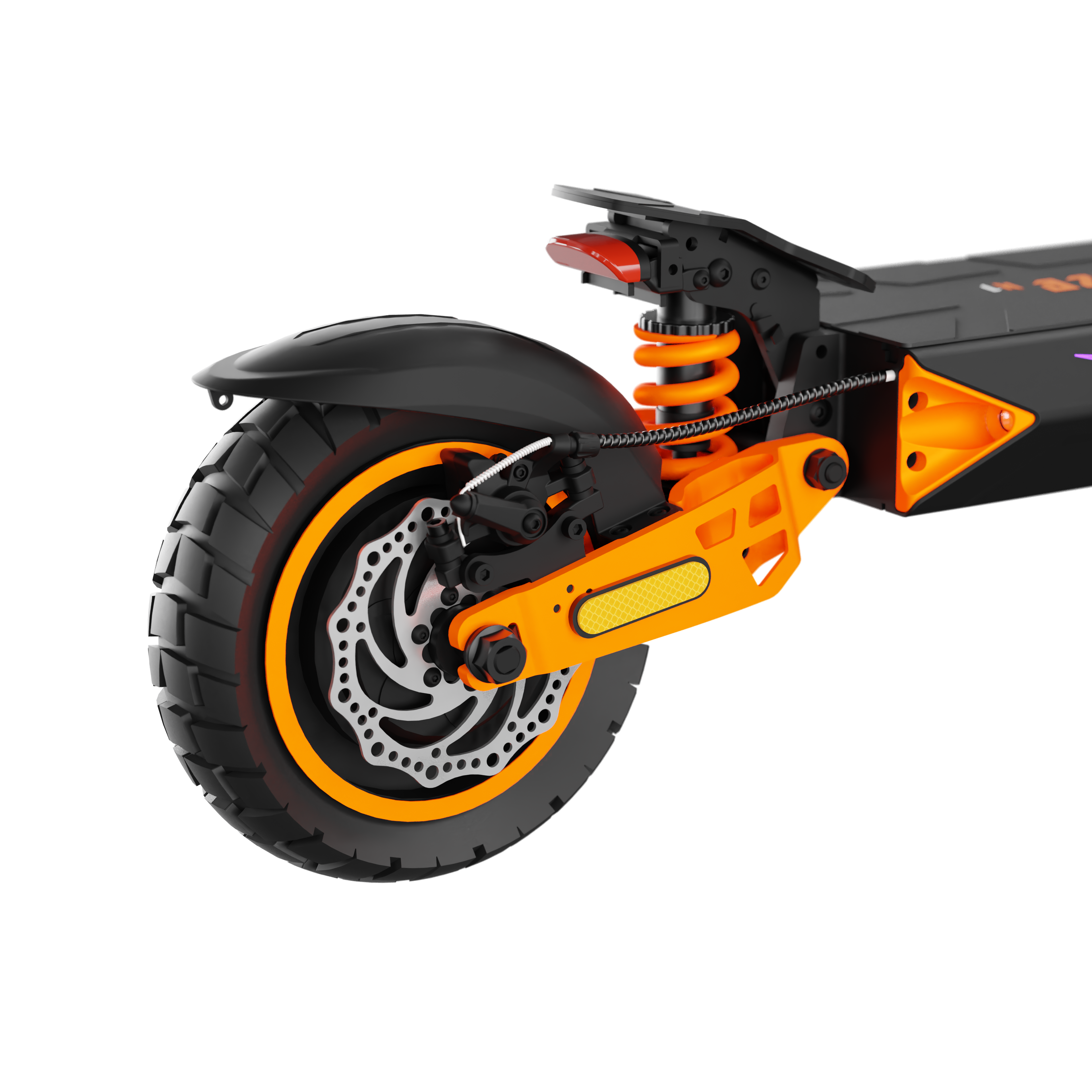Zbliżenie tylnego koła hulajnogi elektrycznej. Czarna opona, pomarańczowa obręcz, hamulec tarczowy, zawieszenie i pomarańczowe akcenty.