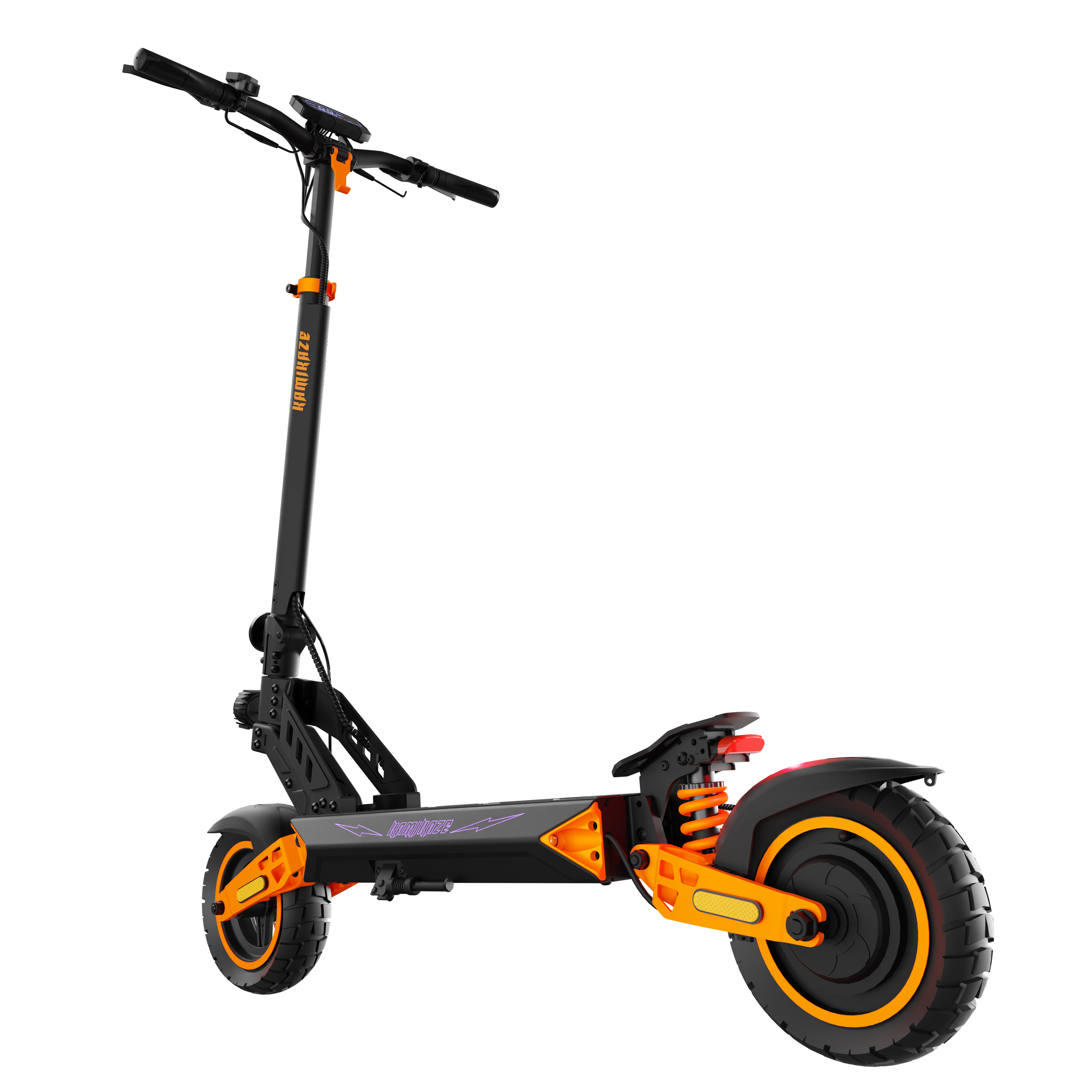Czarno-pomarańczowa hulajnoga elektryczna na czarnym tle. Ma kierownicę, koła i platformę.