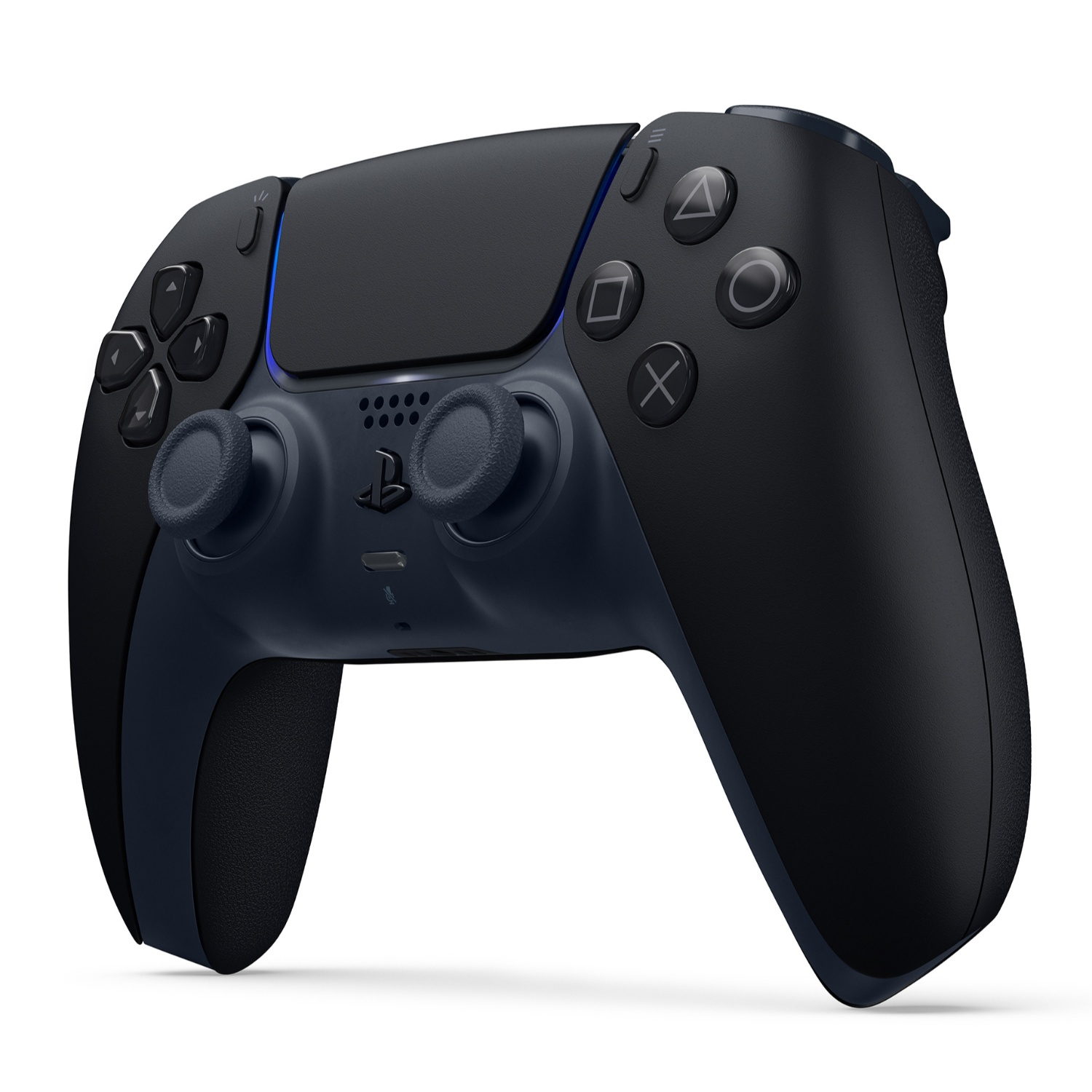A black and navy blue PlayStation 5 controller is on a white background. It has buttons and analog sticks, with the PlayStation logo.