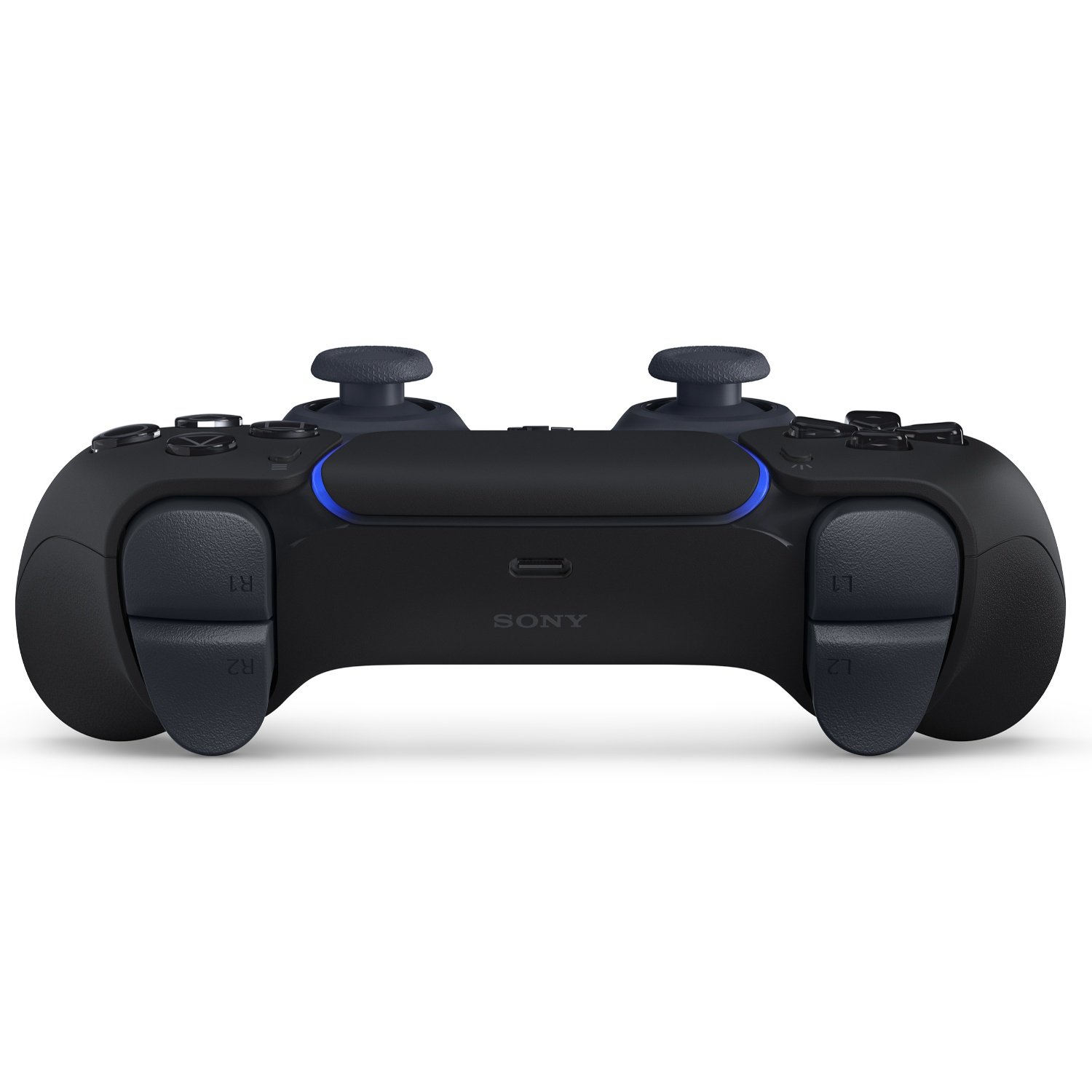 A black PlayStation 5 DualSense controller with dark gray thumbsticks and buttons, white background.