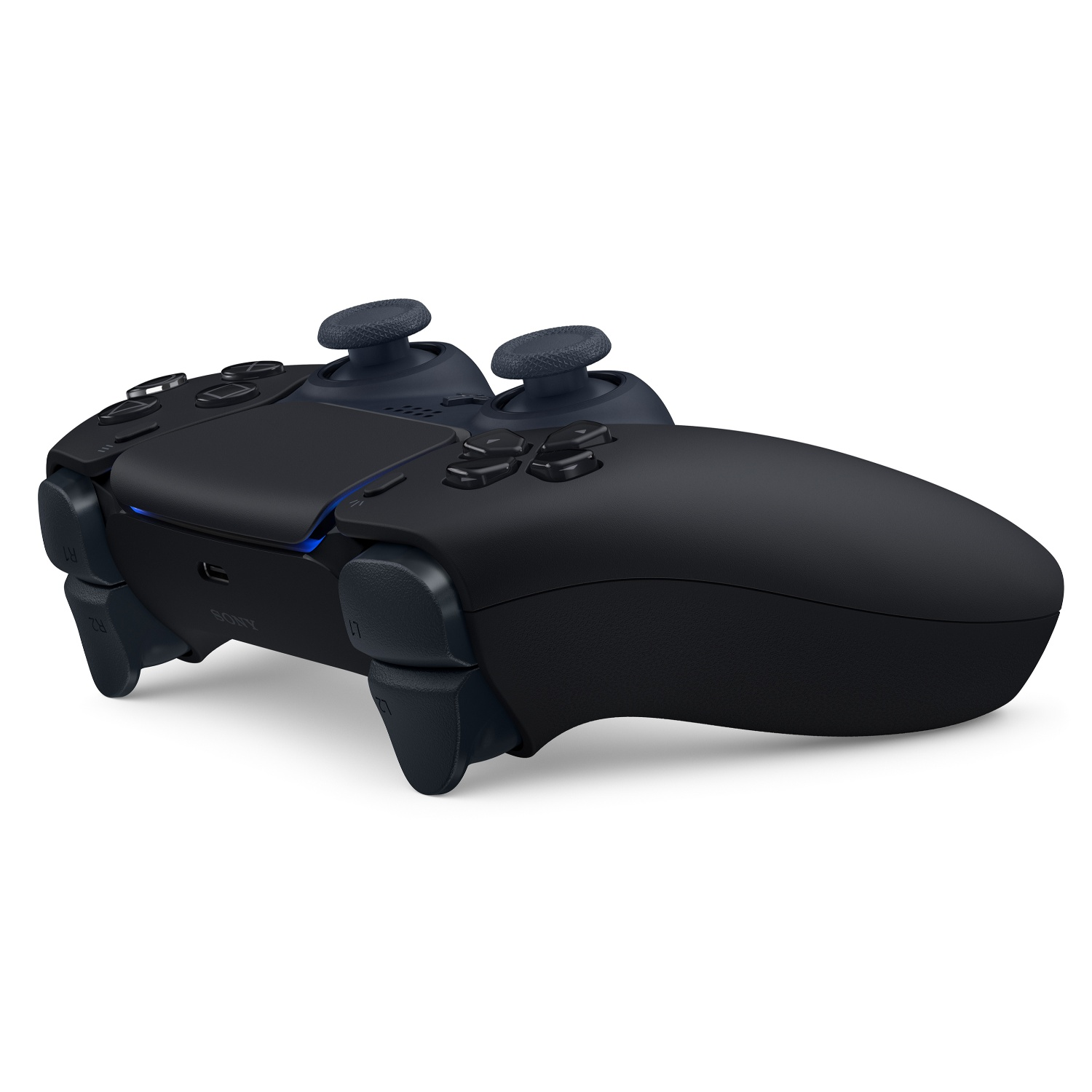 A black PlayStation 5 controller is shown on a white background. It has buttons, joysticks, and triggers. The Sony logo is visible.
