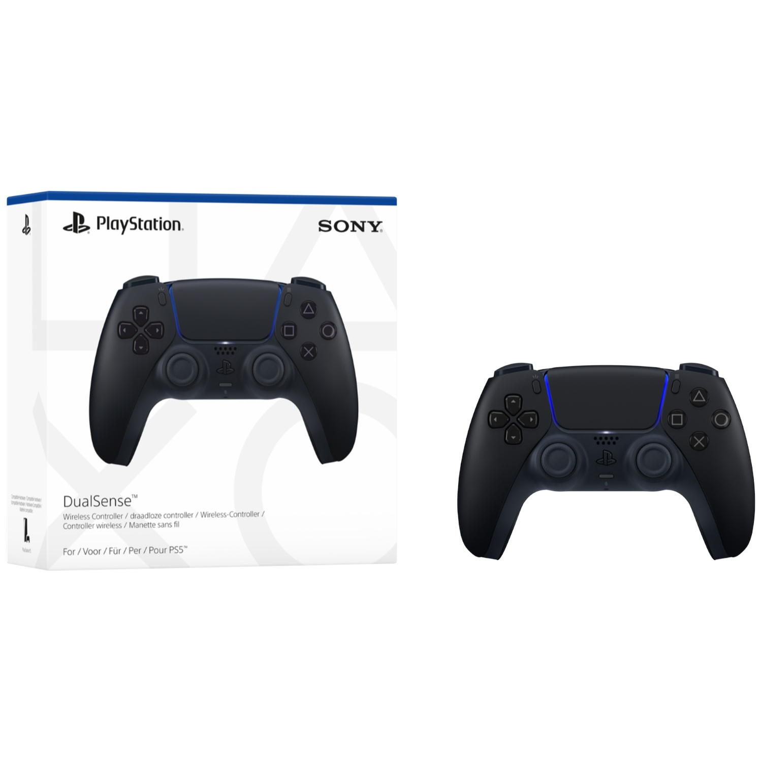 Image shows a black PlayStation DualSense controller and its box. The controller is on the right, the box on the left.