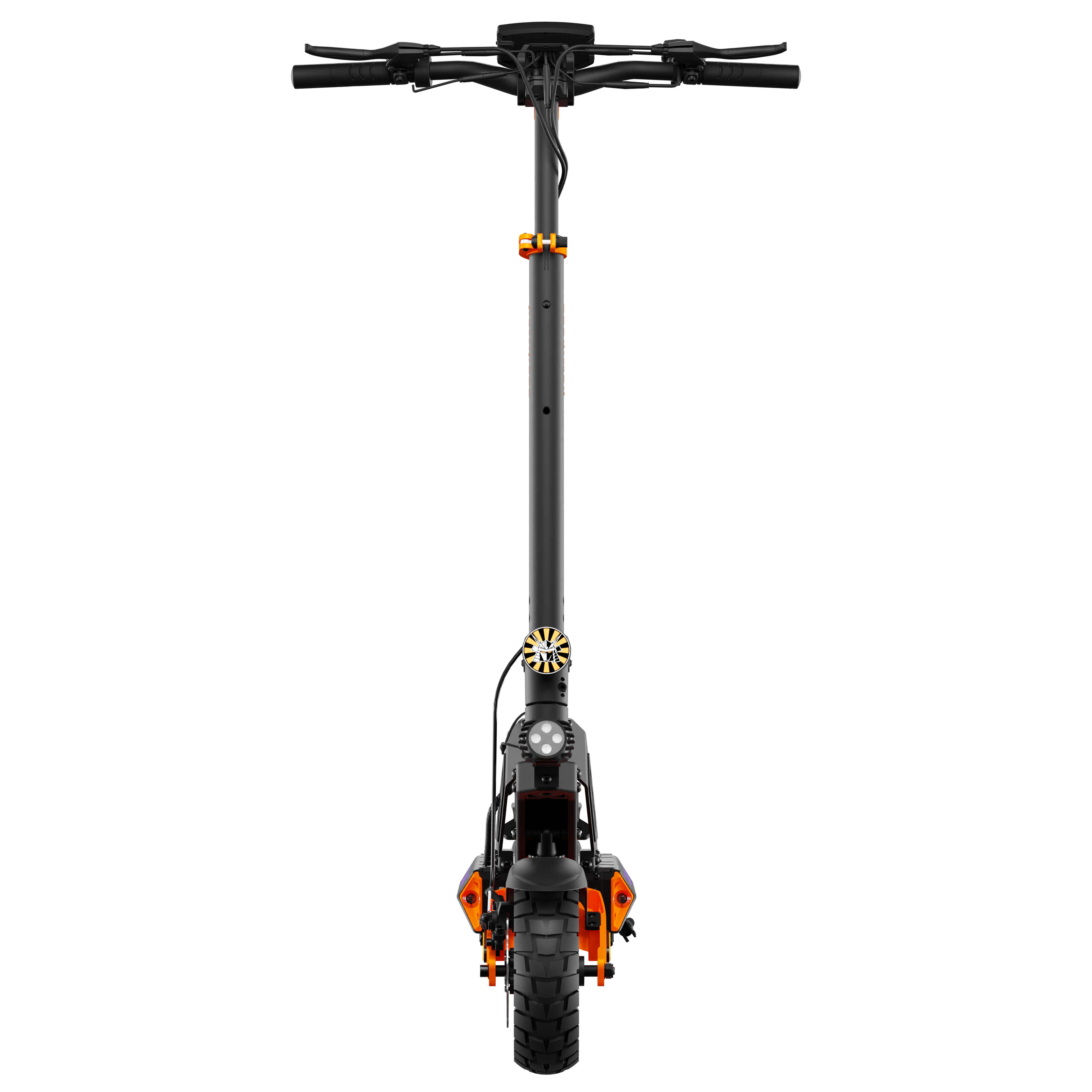 Czarna hulajnoga elektryczna na czarnym tle. Posiada pomarańczowe akcenty i przedni reflektor.