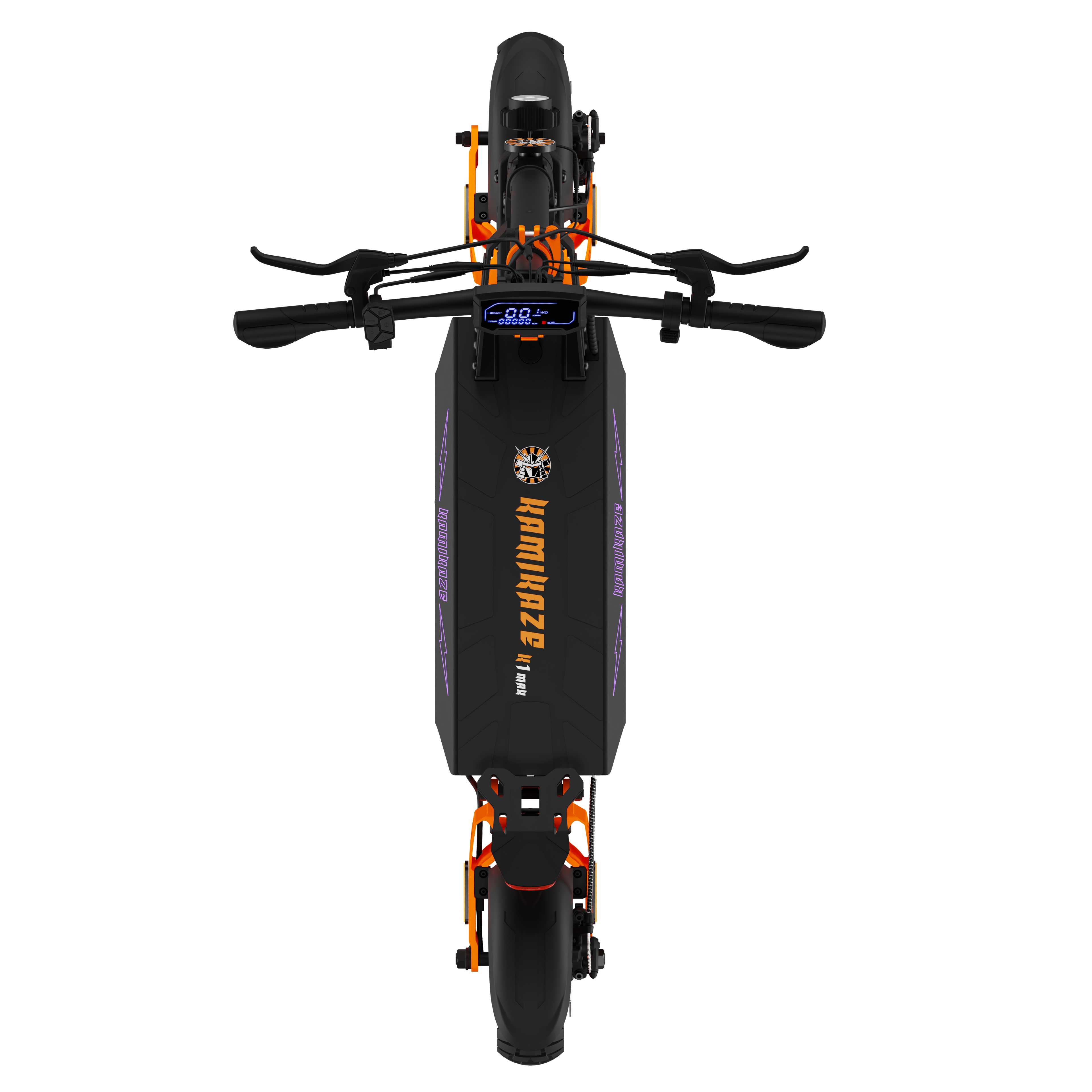 Widok z góry na czarno-pomarańczową hulajnogę elektryczną z napisem "Kamikaze".