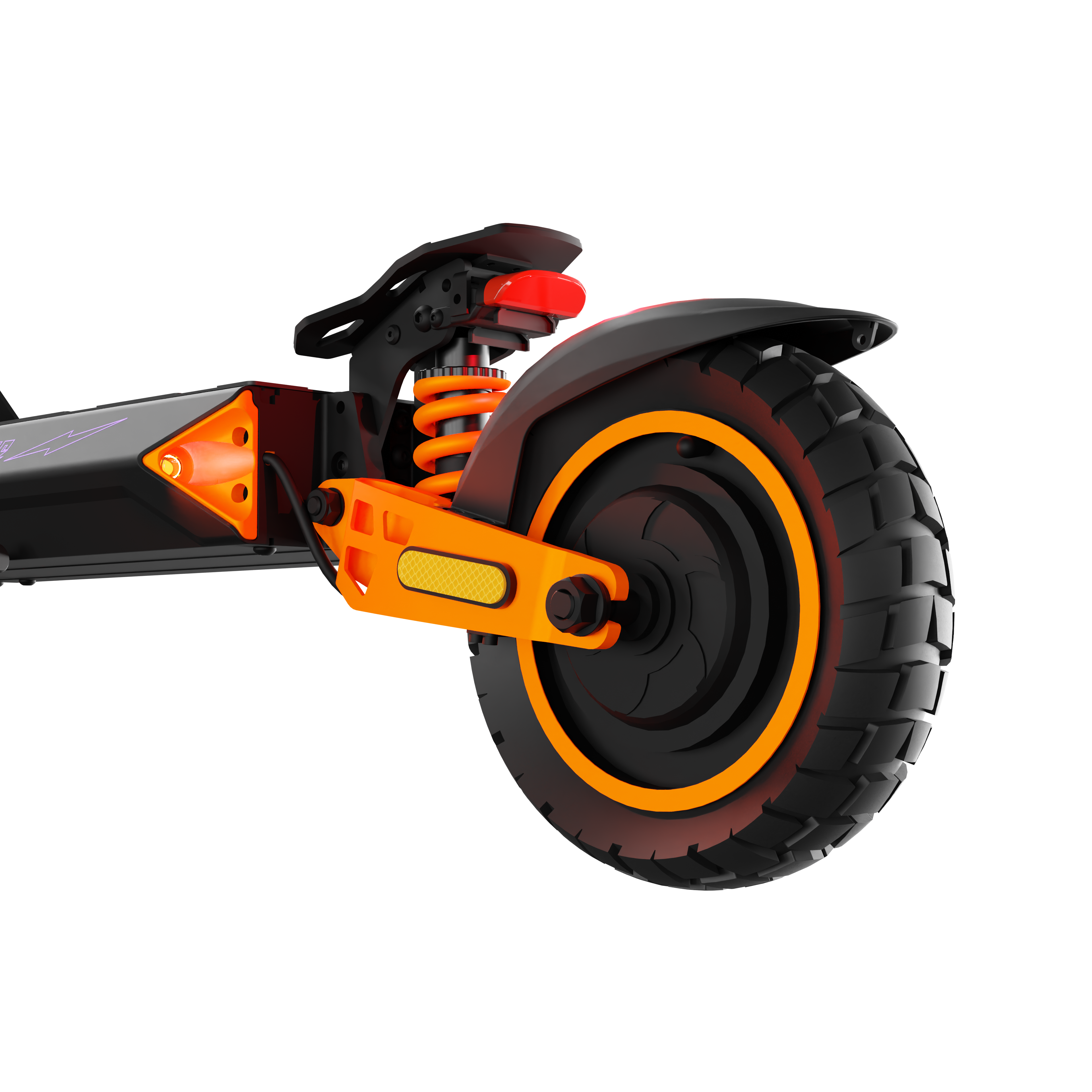Szczegół hulajnogi elektrycznej. Czarna opona z pomarańczowymi akcentami. Pomarańczowe zawieszenie i rama. Czarne tło.