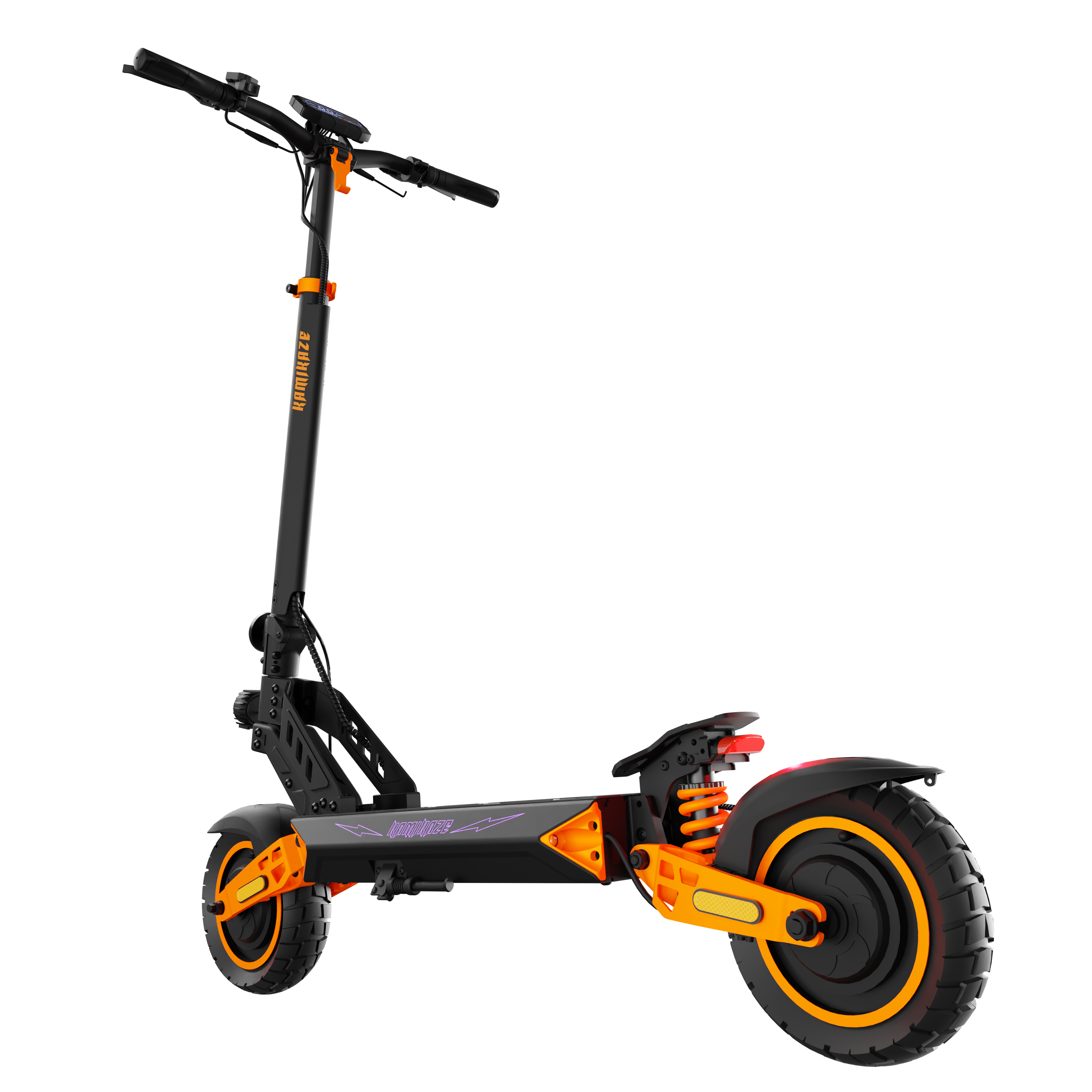 Hulajnoga elektryczna, czarno-pomarańczowa, z dużymi kołami i amortyzacją. Tło jest czarne.