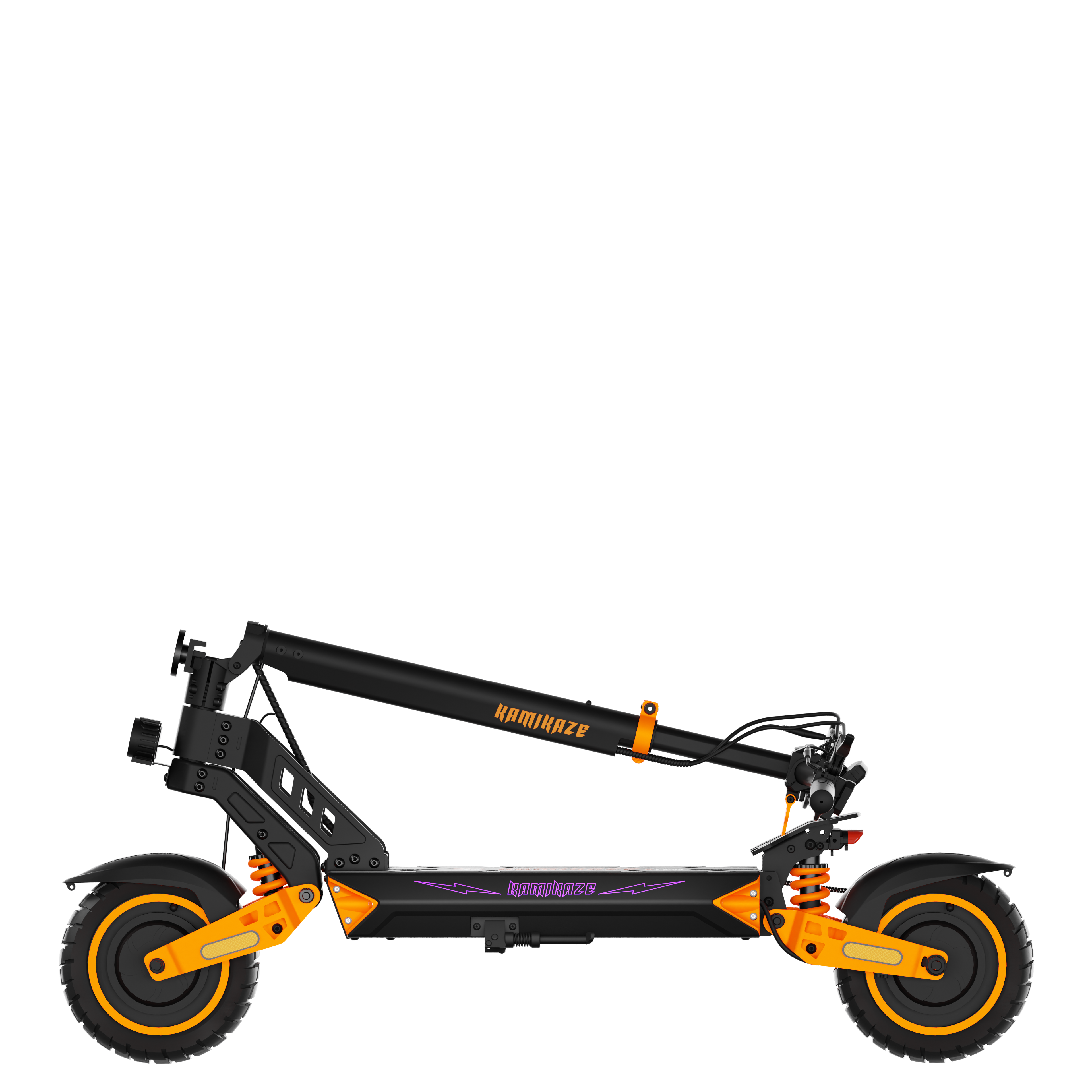 Czarno-pomarańczowa hulajnoga elektryczna z marką KAMIKAZE. Posiada duże koła i składaną konstrukcję.