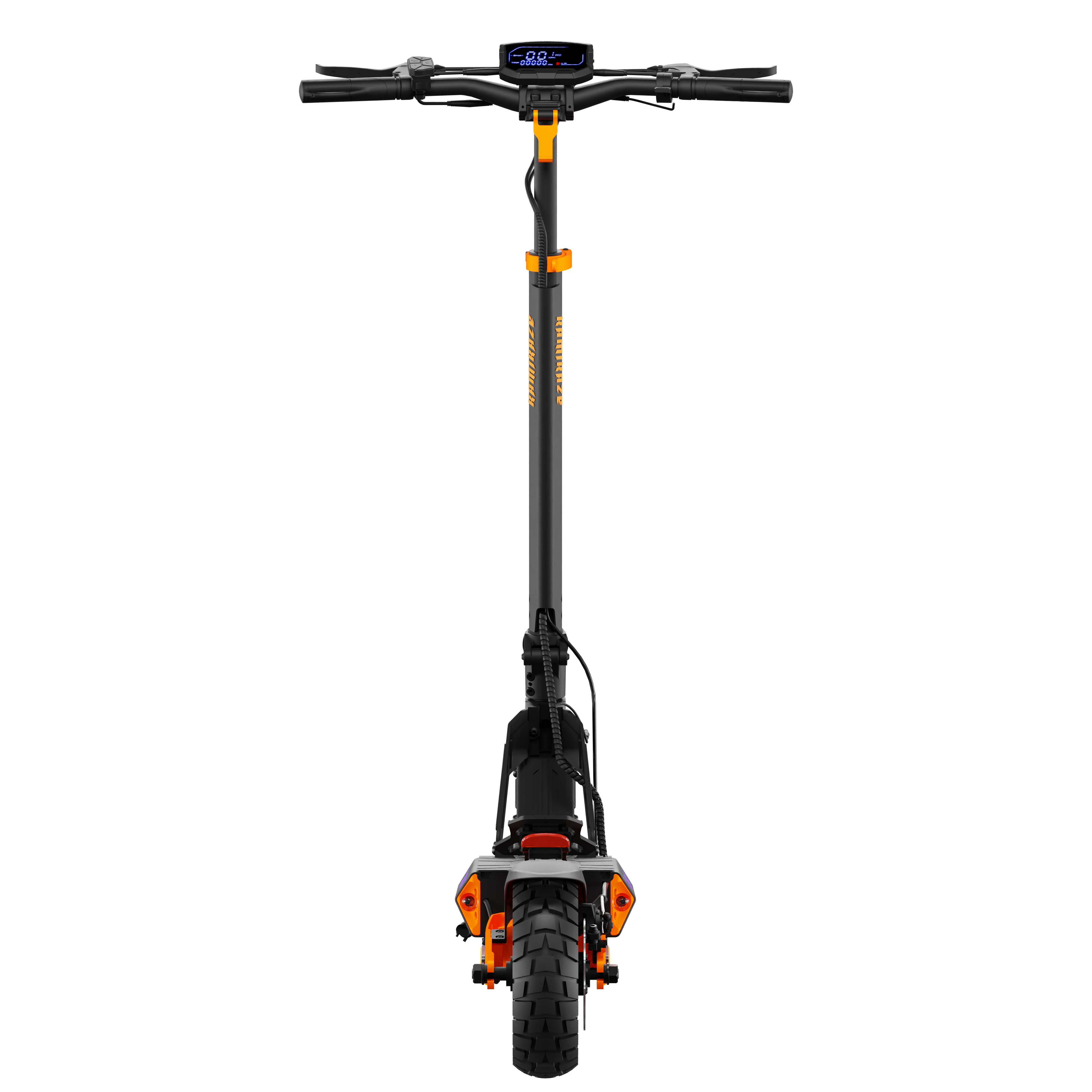 Hulajnoga elektryczna na czarnym tle. Ma czarną ramę z pomarańczowymi akcentami.