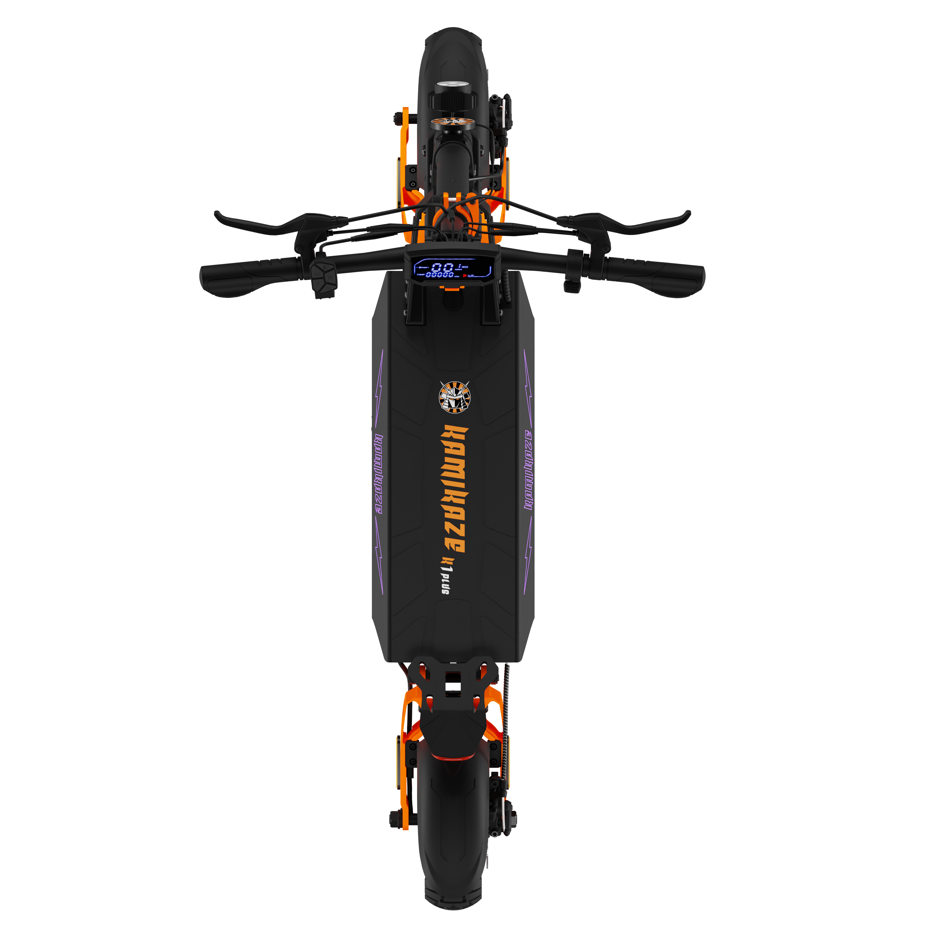 Widok z góry na czarno-pomarańczową hulajnogę elektryczną z napisem 'Kamikaze' na podeście.