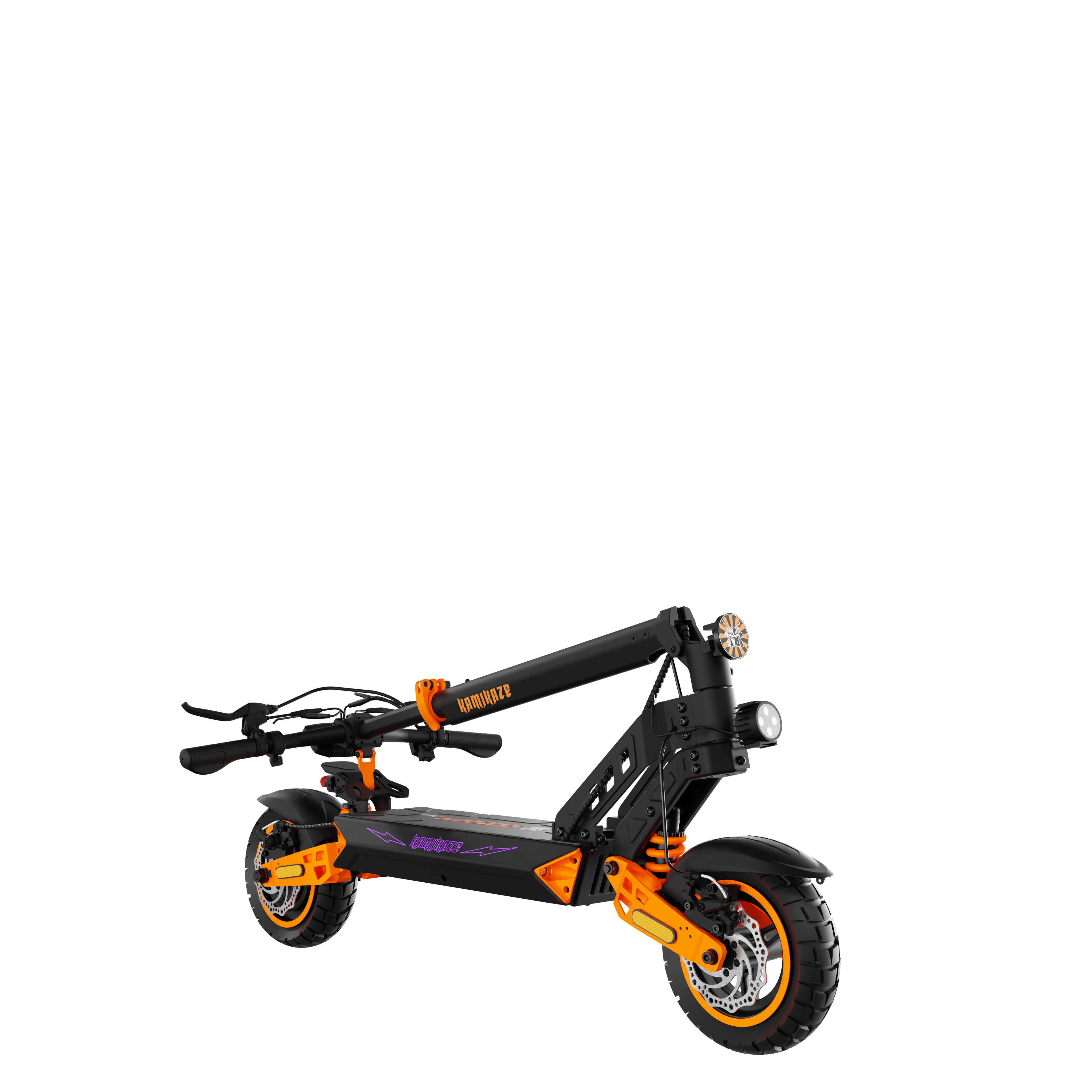 Czarno-pomarańczowa hulajnoga elektryczna z napisem 'KAMINAZ' na czarnym tle.