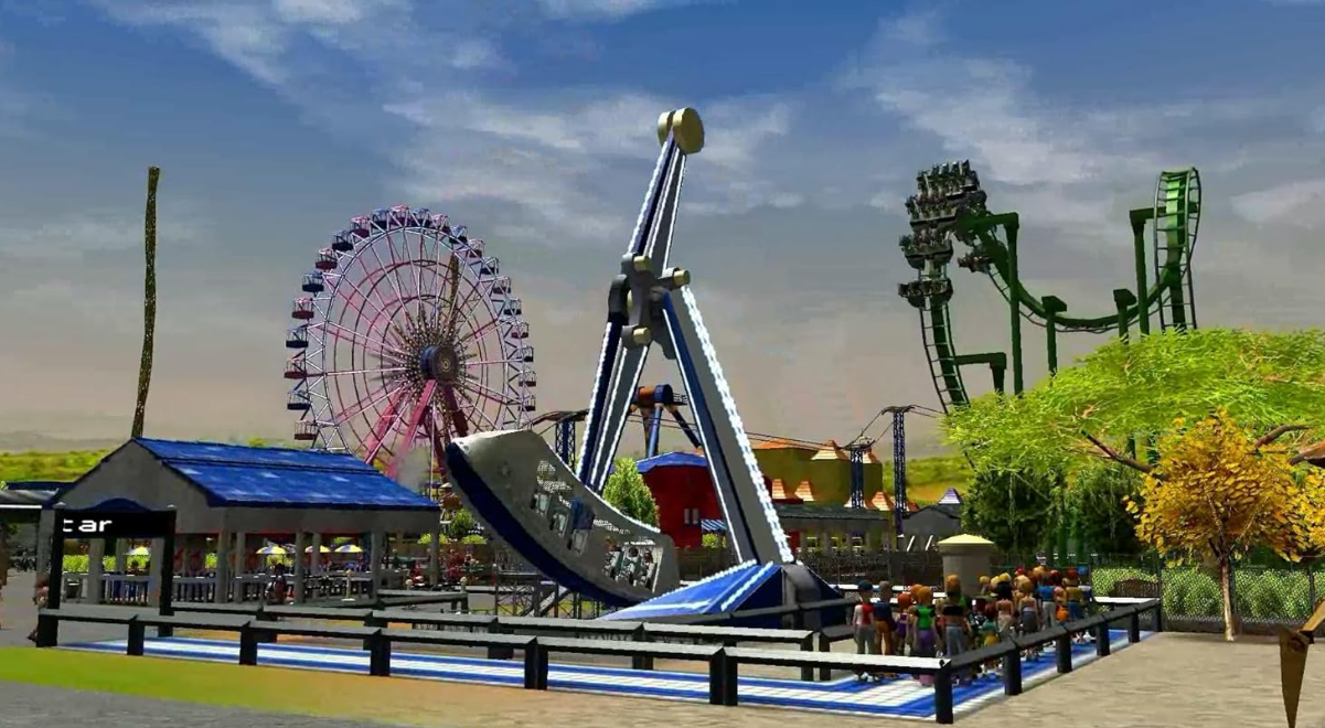 Eine Szene in einem Vergnügungspark mit Fahrgeschäften, darunter ein Riesenrad und eine Pendelfahrt. Menschen stehen Schlange, mit grünen Bäumen und blauem Himmel.