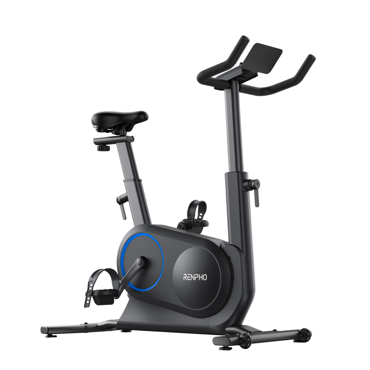 Ein schwarzes stationäres Trainingsfahrrad mit schwarzem Sitz, Lenker und Pedalen. Das Fahrrad hat einen blauen kreisförmigen Akzent.