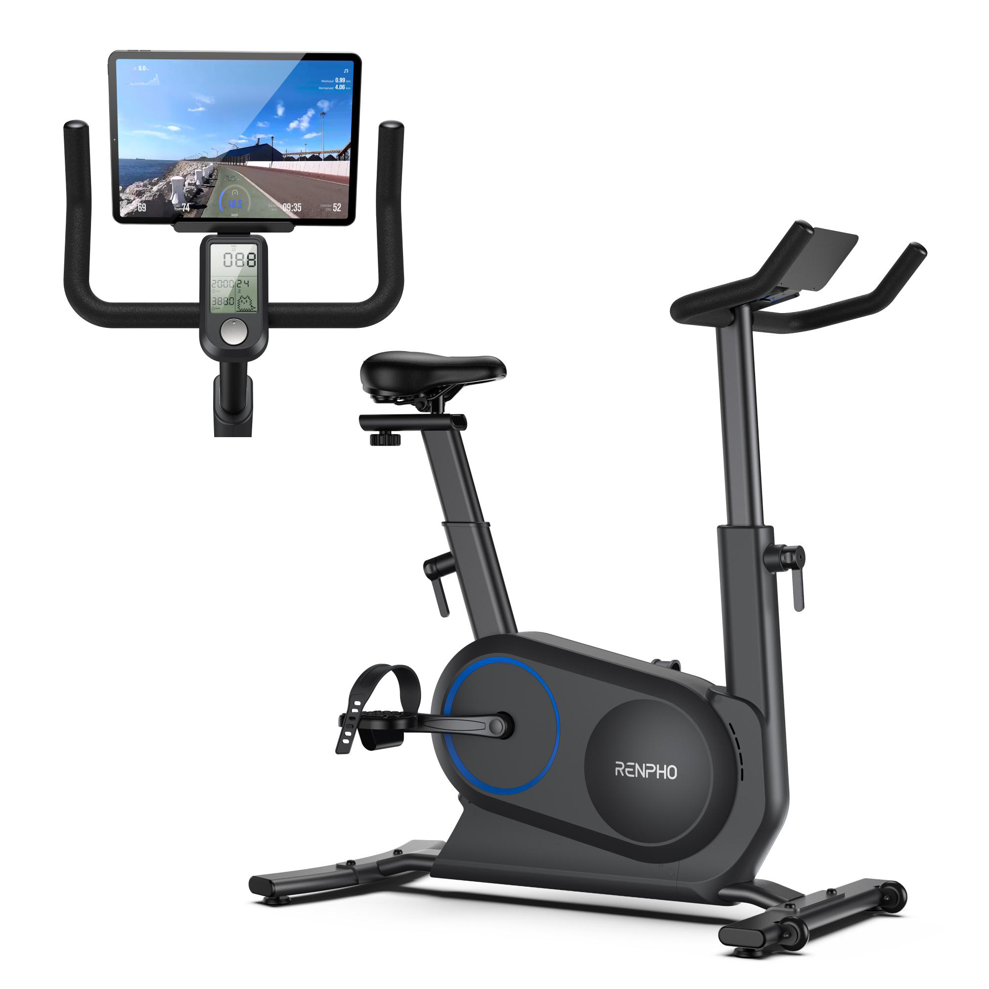 Ein Heimtrainer mit Tablet, das eine Straßenszene zeigt. Schwarz mit einem Bildschirm mit Statistiken.