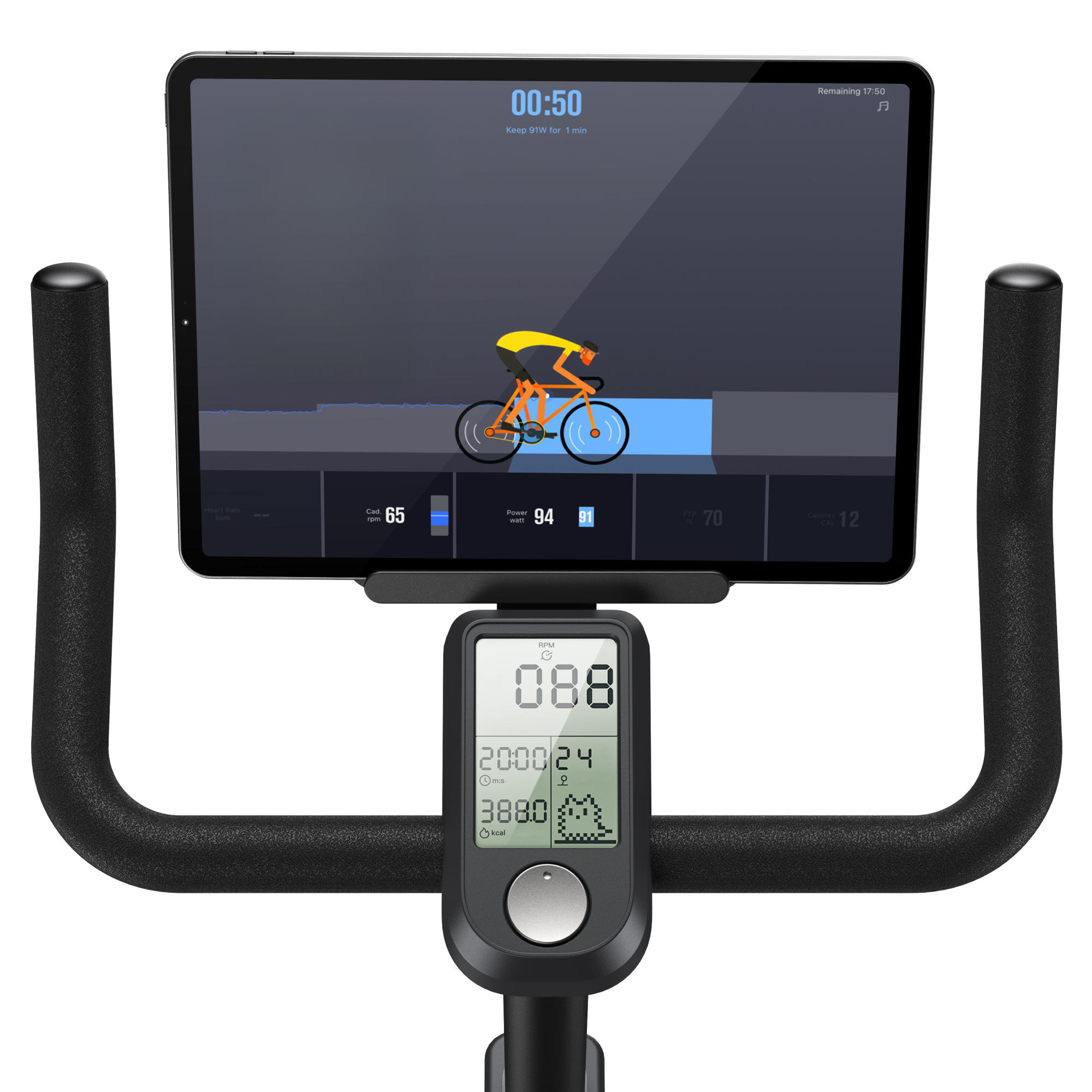 Heimtrainer mit Tablet, das Fahrradstatistiken anzeigt. Das Display zeigt Zeit, Leistung, Trittfrequenz und Kalorien an.