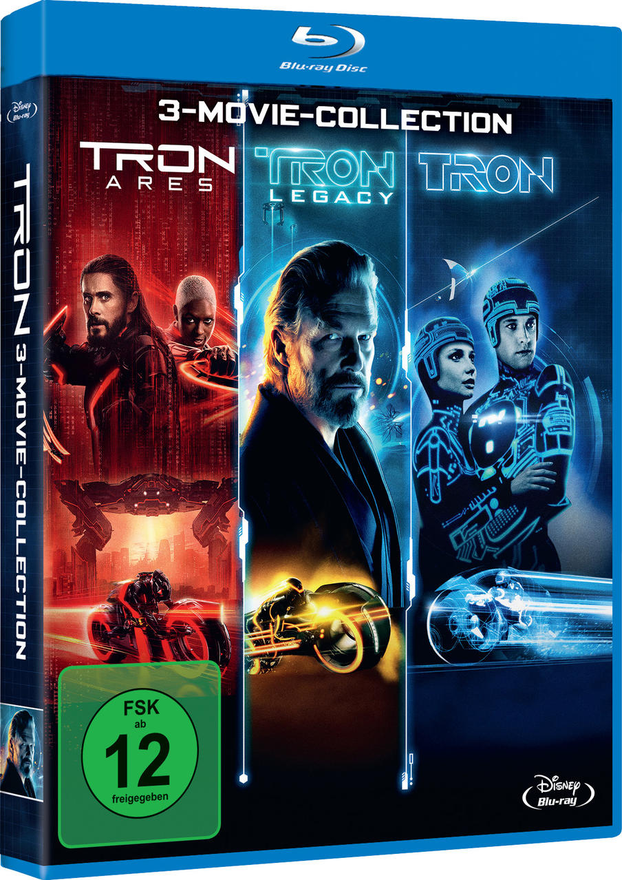 Blu-ray-Box-Set der Tron-Filme. Mit Schauspielern aus den Filmen. Enthält einen grünen Rating-Aufkleber und das Disney-Logo.