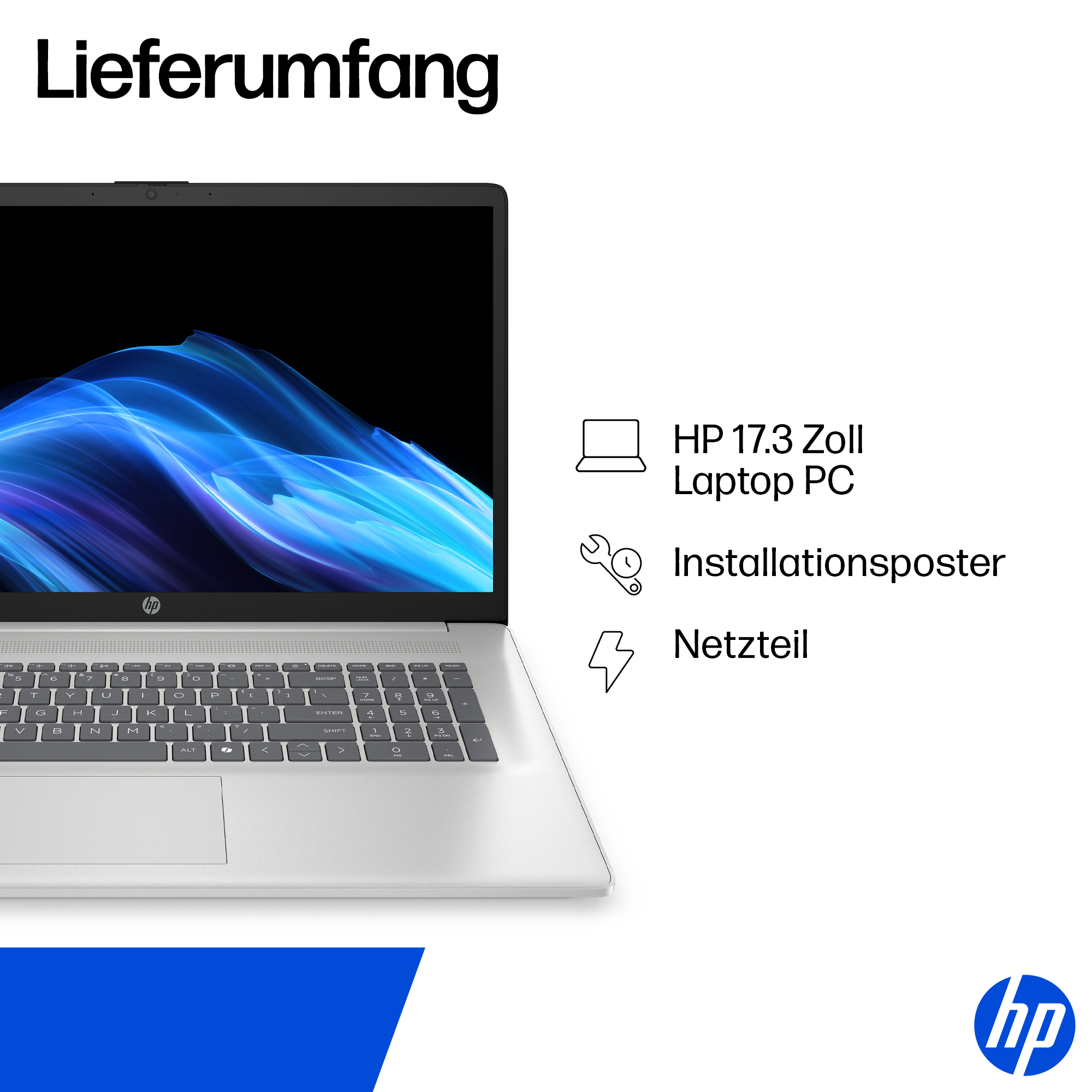 Laptop mit blauem Bildschirm. Enthält Laptop, Installationsposter und Netzteil. HP-Logo unten rechts.