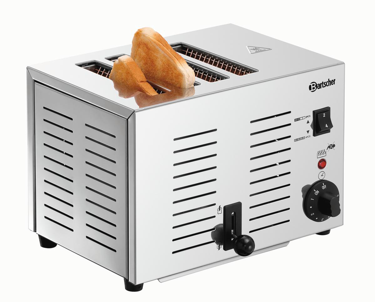 Ein silberner Toaster mit zwei Toastscheiben. Bedienelemente an der Seite mit Drehregler und Hebel. Marke Bartscher.