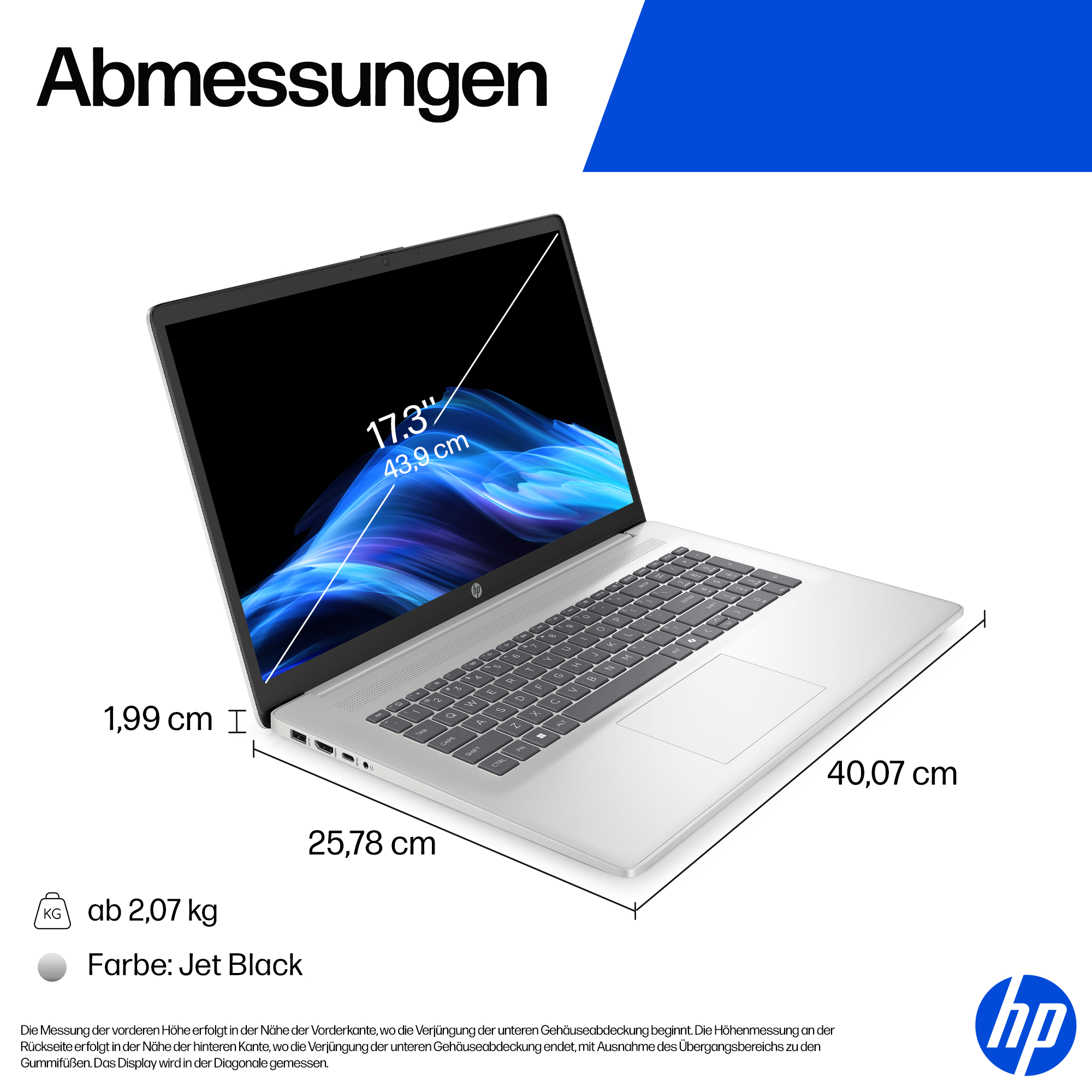Ein silberner HP-Laptop mit schwarzem Bildschirm. Abmessungen sind mit Messungen angegeben. Die Farbe ist Jet Black.
