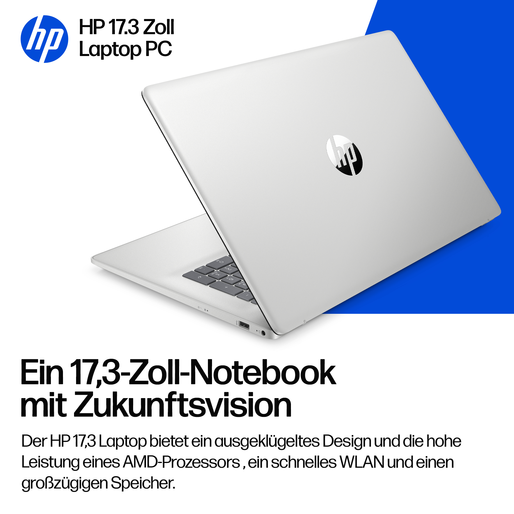 Silberner HP-Laptop auf weißem Hintergrund mit blauem Akzent. Der Laptop ist geöffnet und zeigt die Tastatur und das HP-Logo.