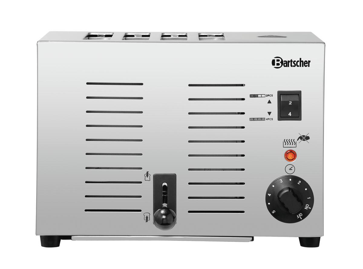 Ein Edelstahl-Toaster mit Drehregler, Hebel und Knöpfen. Er hat Schlitze für Brot und ein Markenlogo.