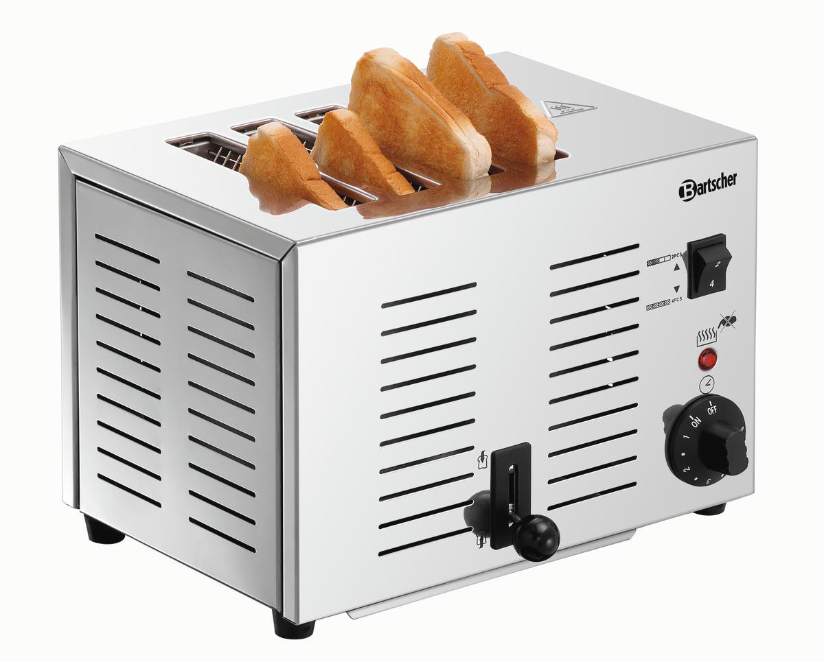 Ein Edelstahltoaster mit vier Toastbrotscheiben. Er hat Knöpfe und ein 'Bartscher'-Logo.