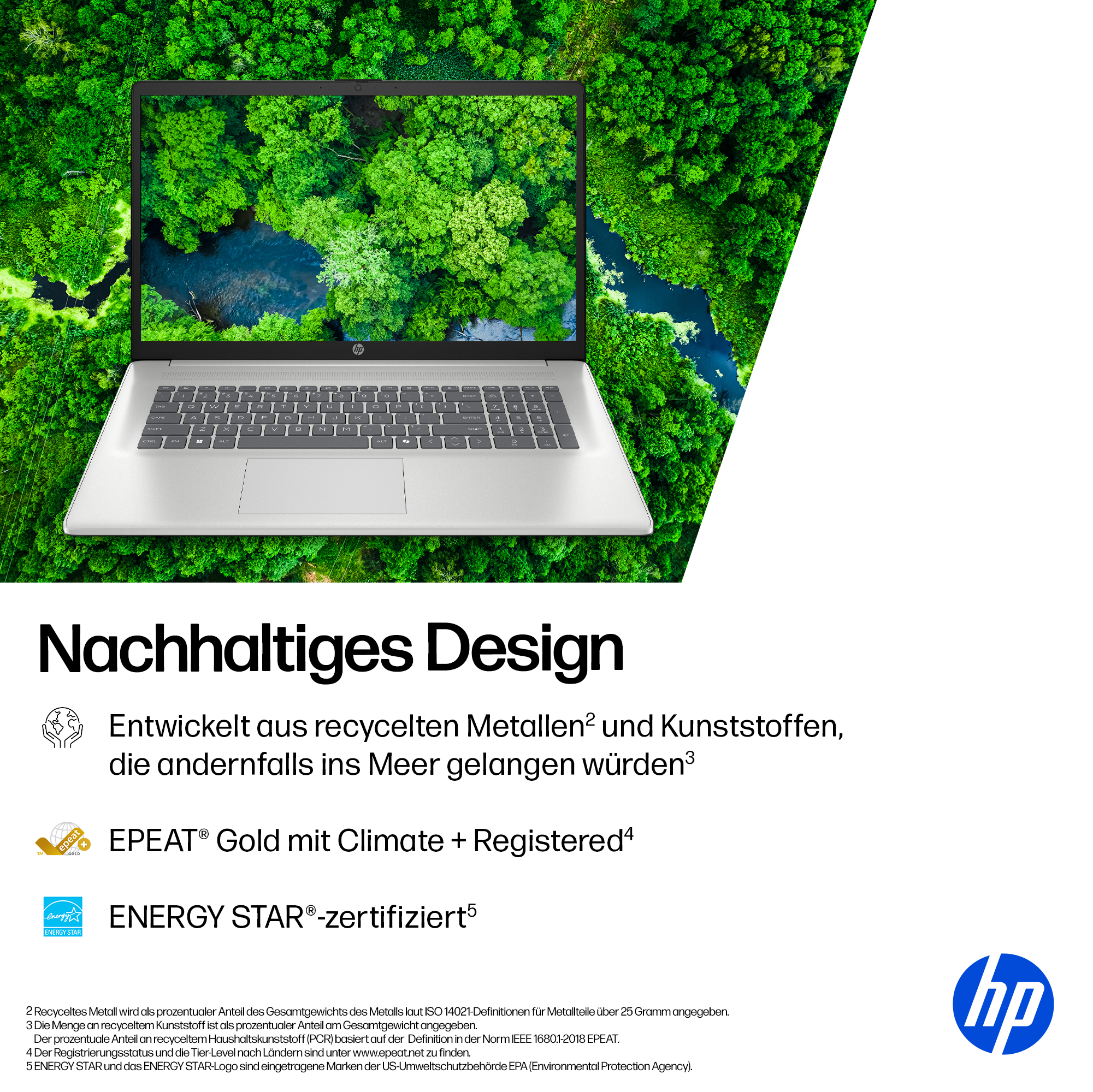 Ein Laptop zeigt einen Wald und Fluss. Das Bild wirbt für nachhaltiges Design, EPEAT Gold und Energy Star Zertifizierung.