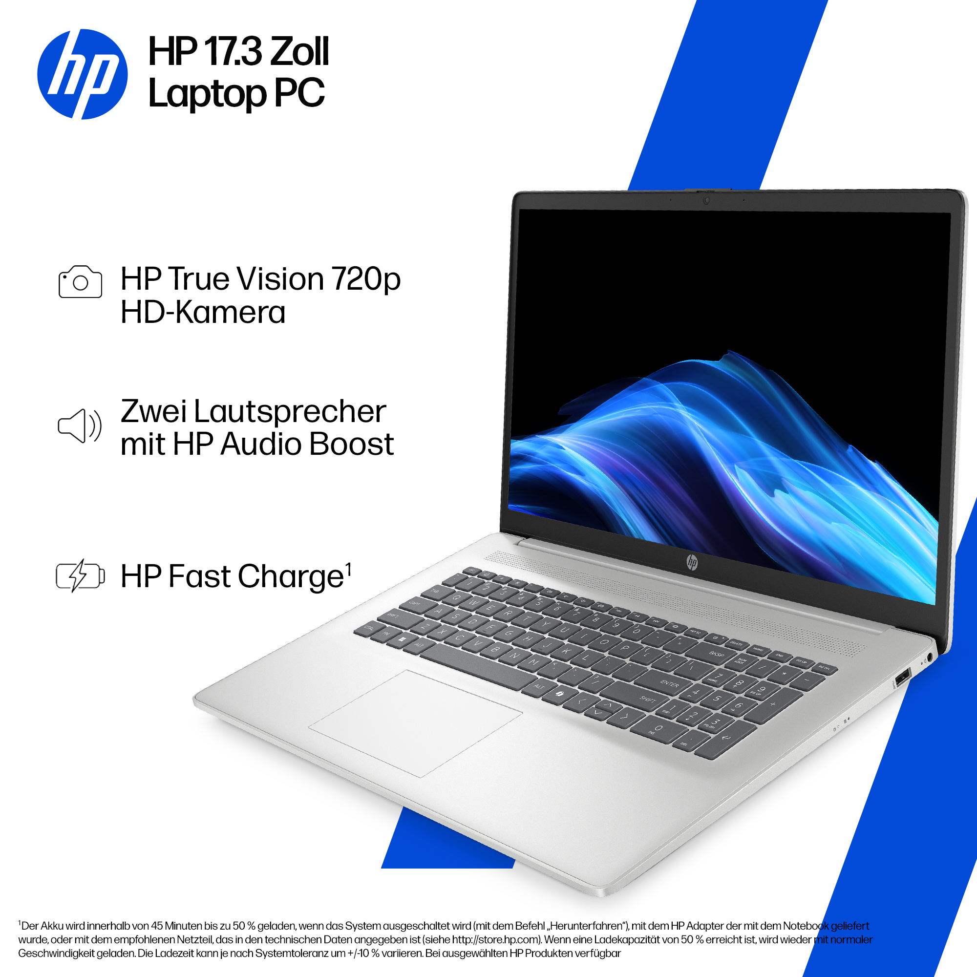 Silberner HP-Laptop. Merkmale sind ein 17,3-Zoll-Bildschirm, HD-Kamera, Lautsprecher und Schnellladung. Blauer abstrakter Hintergrund.