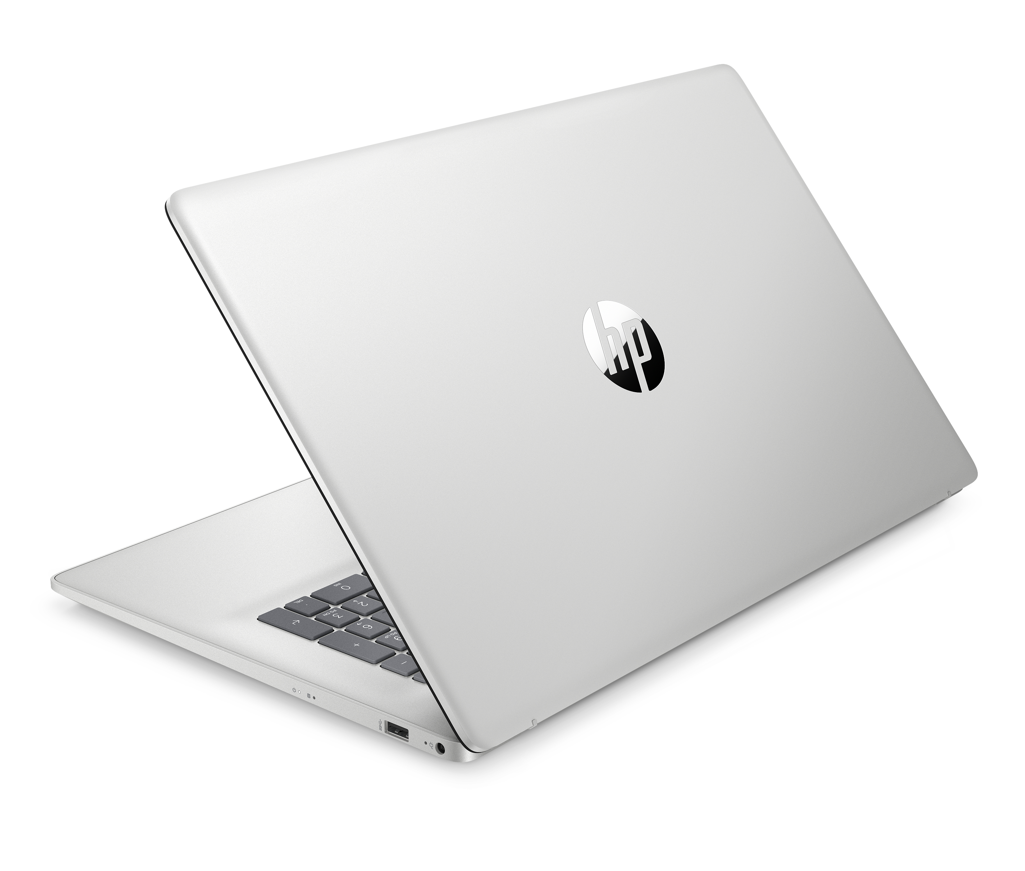 Silberner Laptop mit HP-Logo auf dem Deckel, teilweise geöffnet. Die Tastatur ist sichtbar.