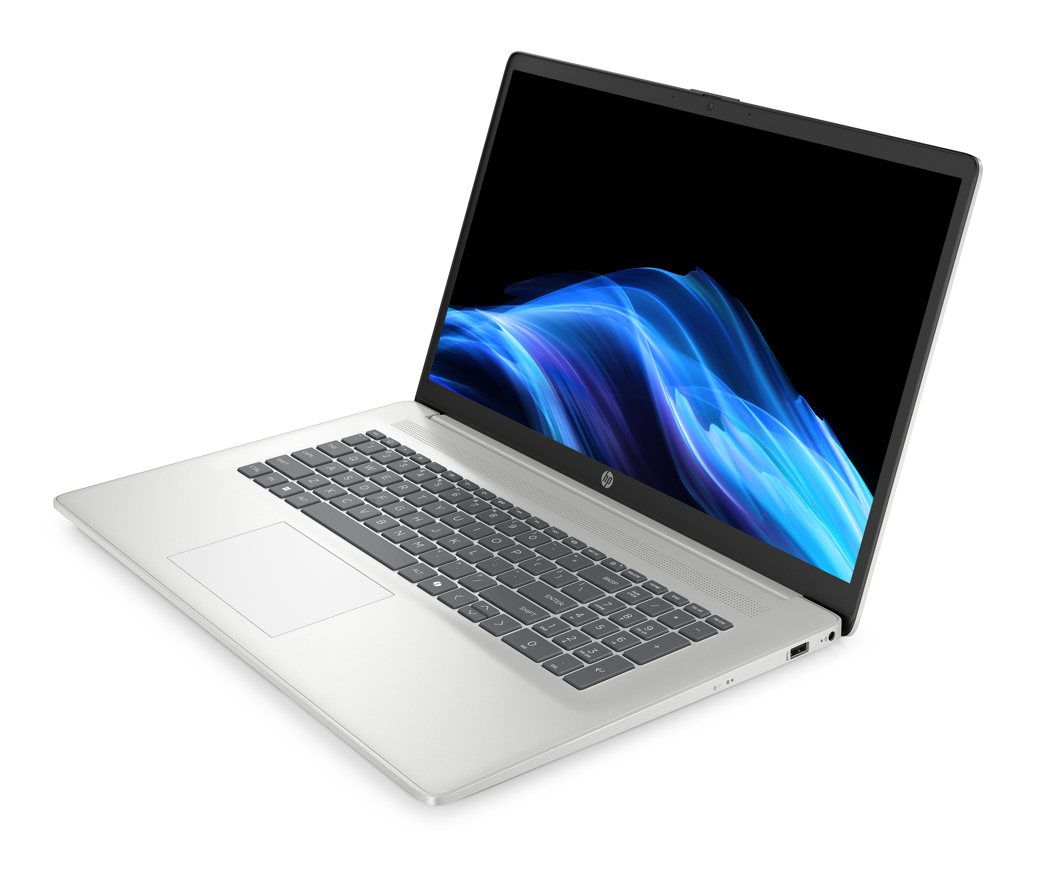 Silberner Laptop mit offenem Bildschirm, der blaue und violette abstrakte Kunst zeigt. Tastatur sichtbar, auf weißem Hintergrund.
