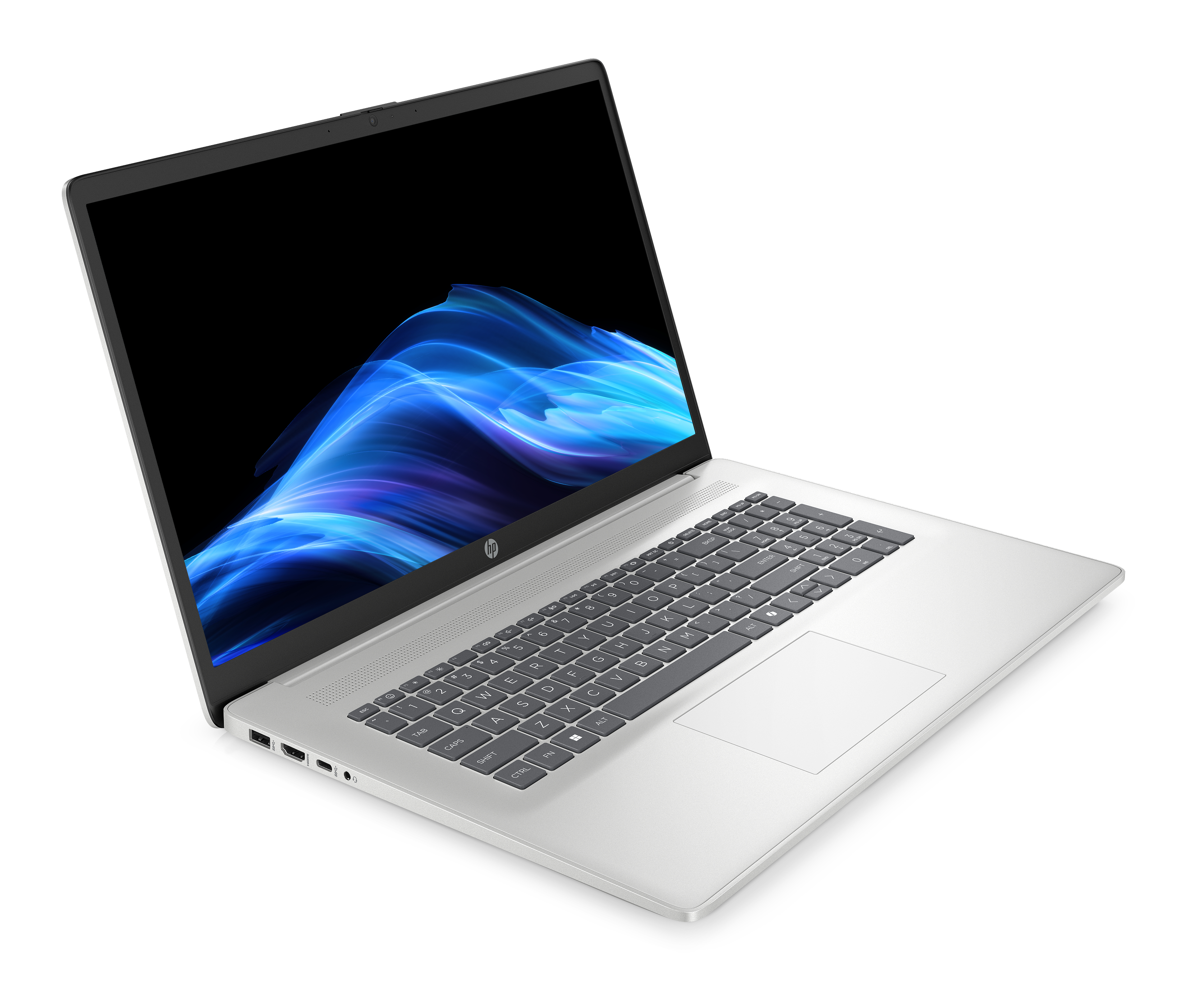 Silberner HP-Laptop. Der Bildschirm zeigt ein blaues und violettes abstraktes Design. Tastatur sichtbar. Weißer Hintergrund.