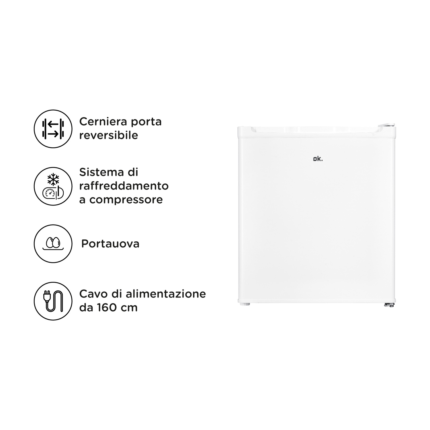 Un mini-frigorifero bianco con porta reversibile, raffreddamento a compressore, portauova e cavo di alimentazione da 160 cm.