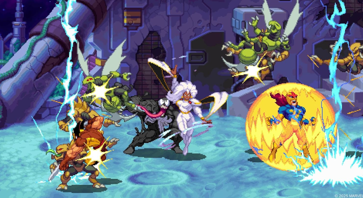 Pixelige Szene mit kämpfenden Superhelden. Storm, Venom und andere kämpfen in futuristischer Umgebung gegen grüne Kreaturen und Energieblitze.
