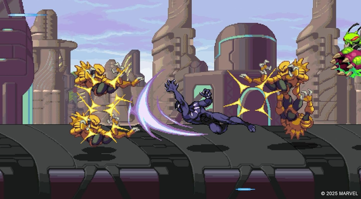 Black Panther in Aktion, springt mit einem lila Energieschnitt, konfrontiert mehrere Feinde in einer futuristischen Pixel-Szene.
