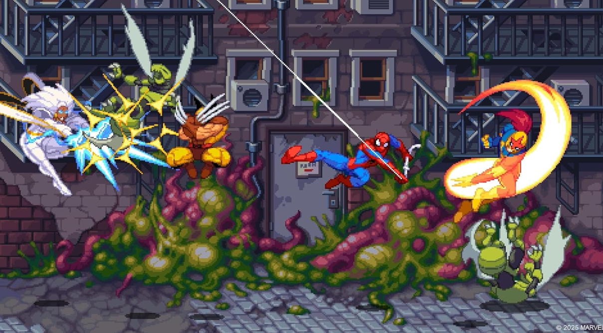 Marvel-Charaktere kämpfen in einer pixeligen Straßenszene. Spider-Man schwingt, Storm greift an, Wolverine und andere sind beteiligt.