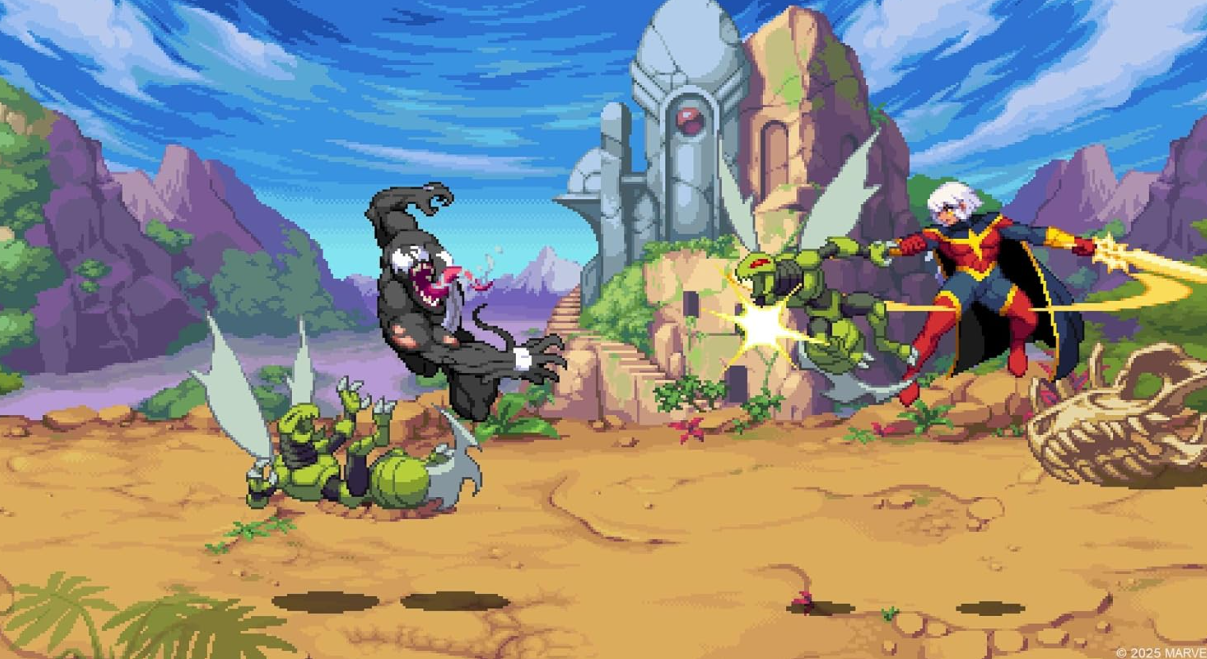 Pixelige Szene: Venom greift an, Captain Marvel kämpft gegen grüne Roboter. Hintergrund beinhaltet Strukturen, Berge und einen blauen Himmel.