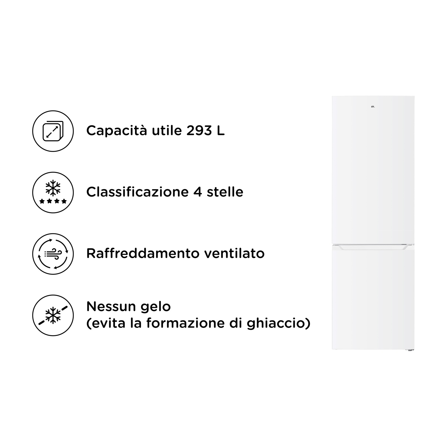 Un frigorifero bianco con etichette di testo: capacità utile 293 L, classificazione 4 stelle, raffreddamento ventilato, no frost.