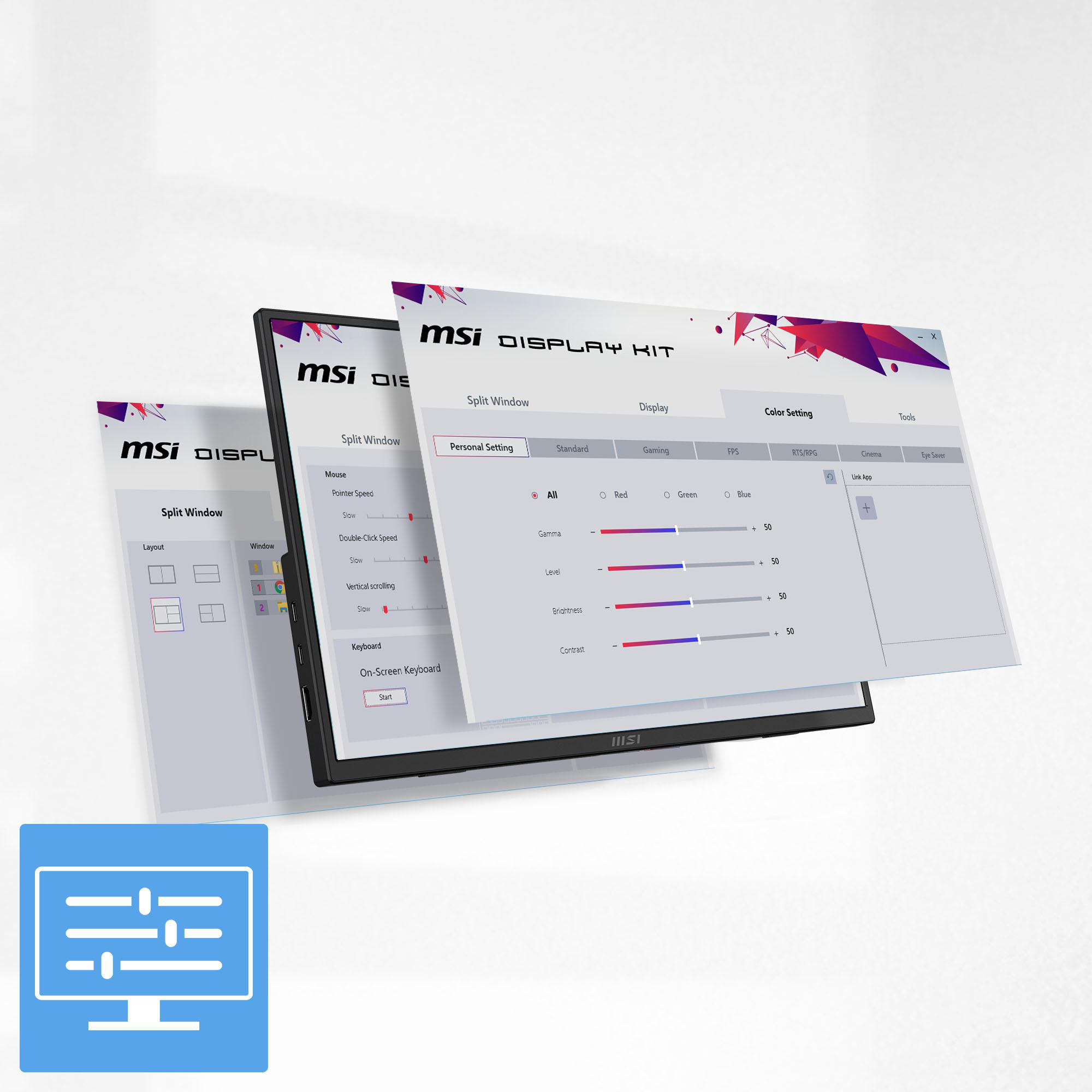 MSI Display-Kit-Oberfläche auf Monitoren, Einstellungen für geteilte Fenster und Farbe. Blaues Symbol für Anzeigeeinstellungen.
